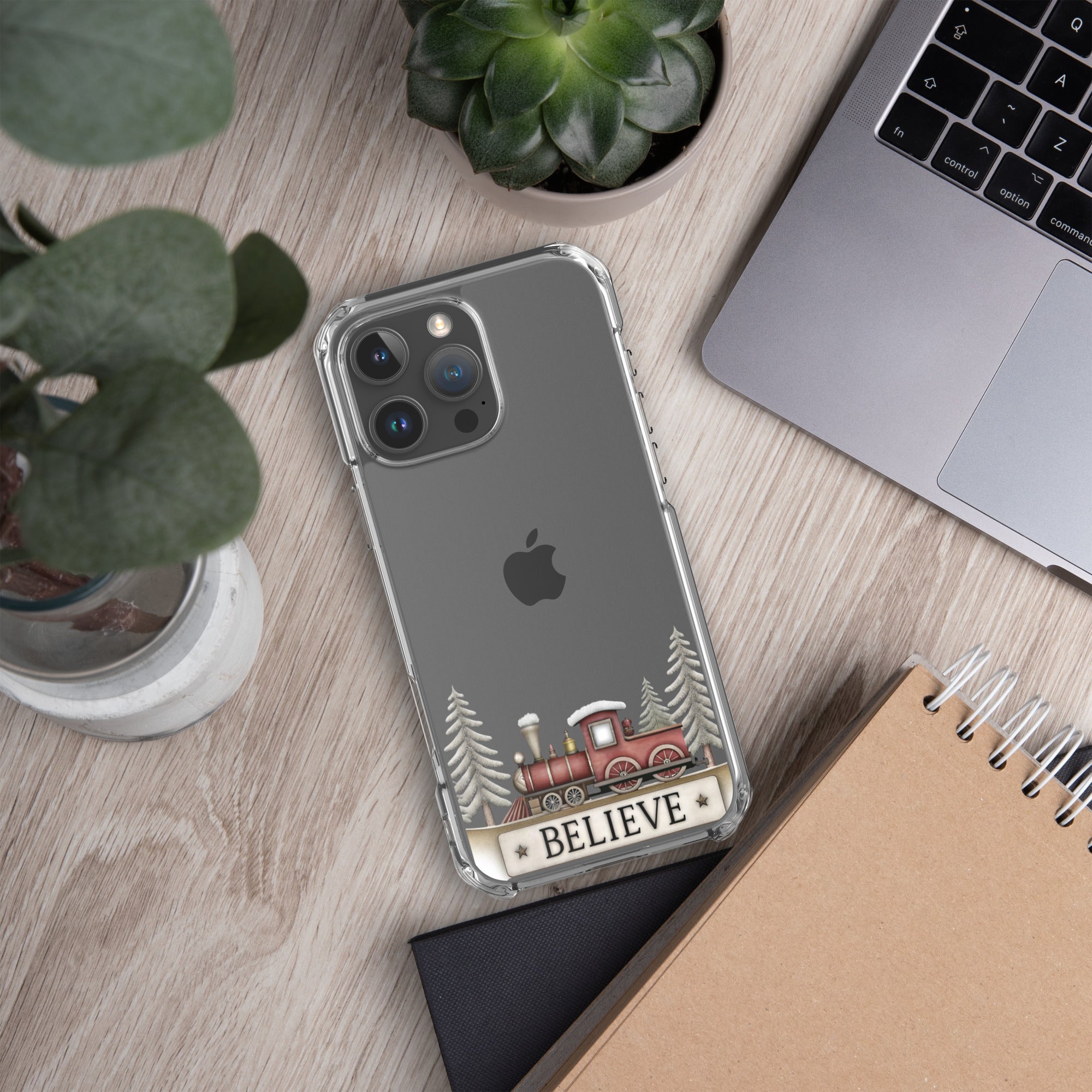 Christmas Believe Train Clear Case for iPhone 16 Pro Max - Vintage Holiday Train Illustration Protective Cover