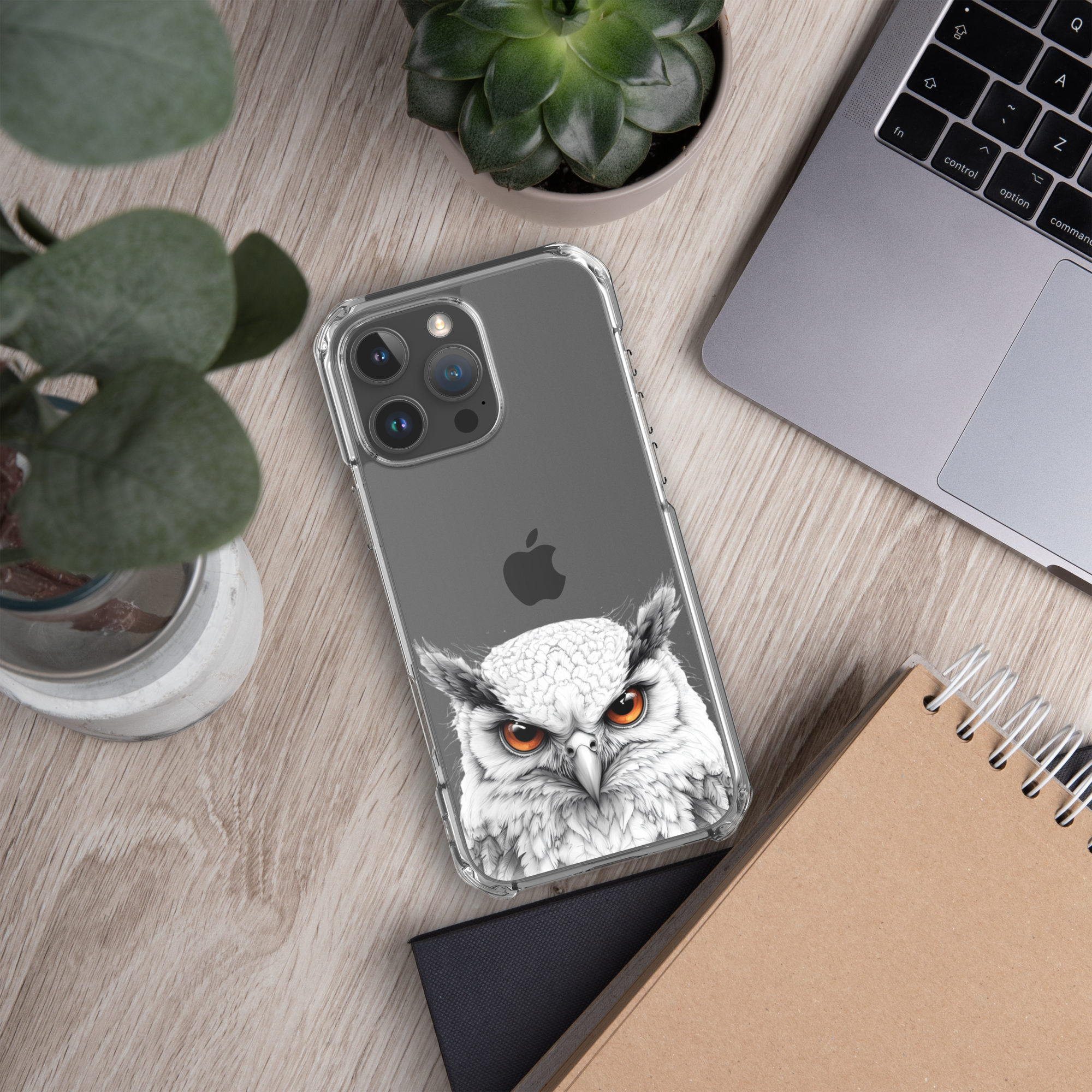 Snowy Owl Glare Clear Case for iPhone 16 Pro Max - Minimalist White Owl Illustration Protective Cover
