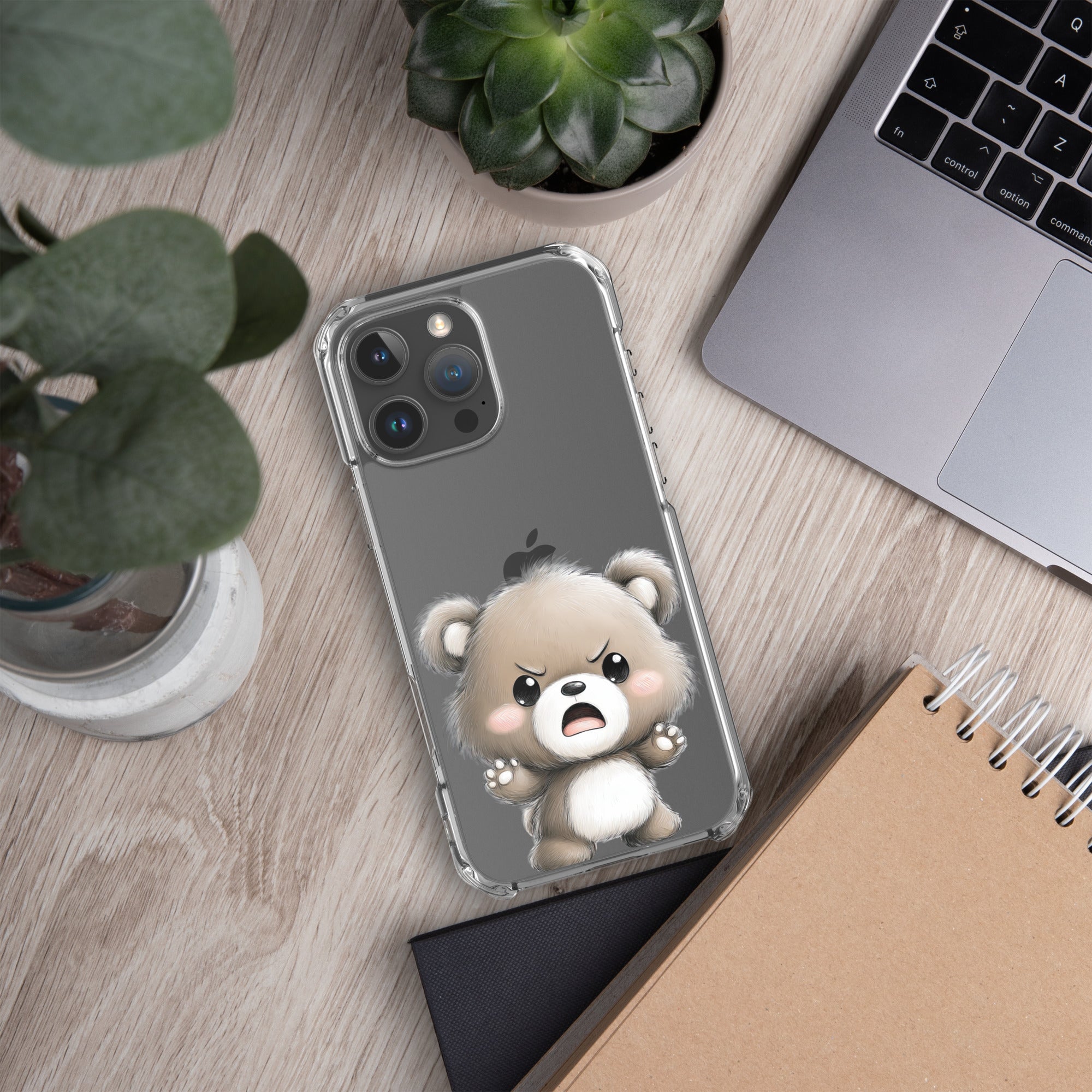 Angry Cute Bear Clear Case for iPhone 16 Pro Max - Funny Kawaii Bear Protective Cover