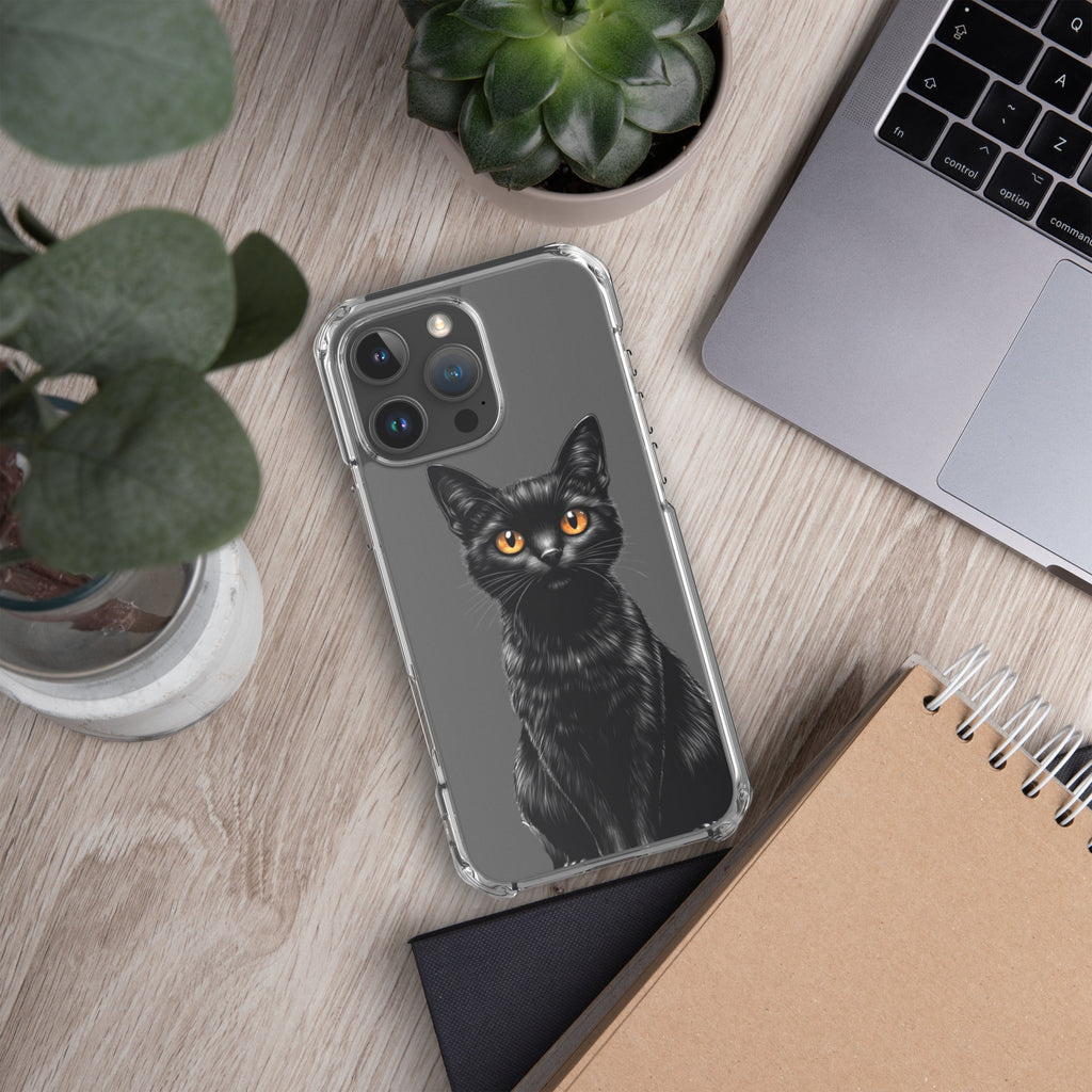 Midnight Black Cat Clear Case for iPhone 16 Pro Max - Elegant Black Cat Illustration Protective Cover