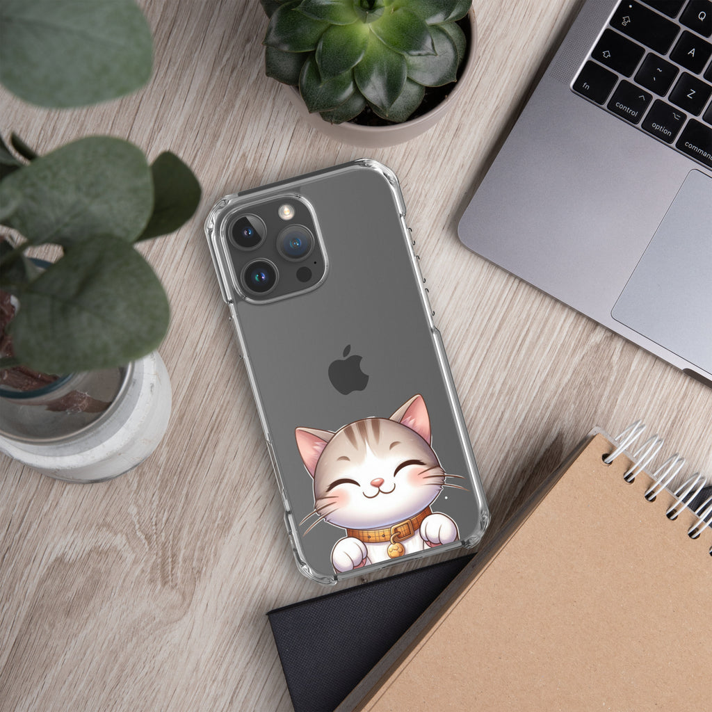 Happy Kitty Clear Case for iPhone 16 Pro Max - Cute Smiling Cat Illustration Protective Cover