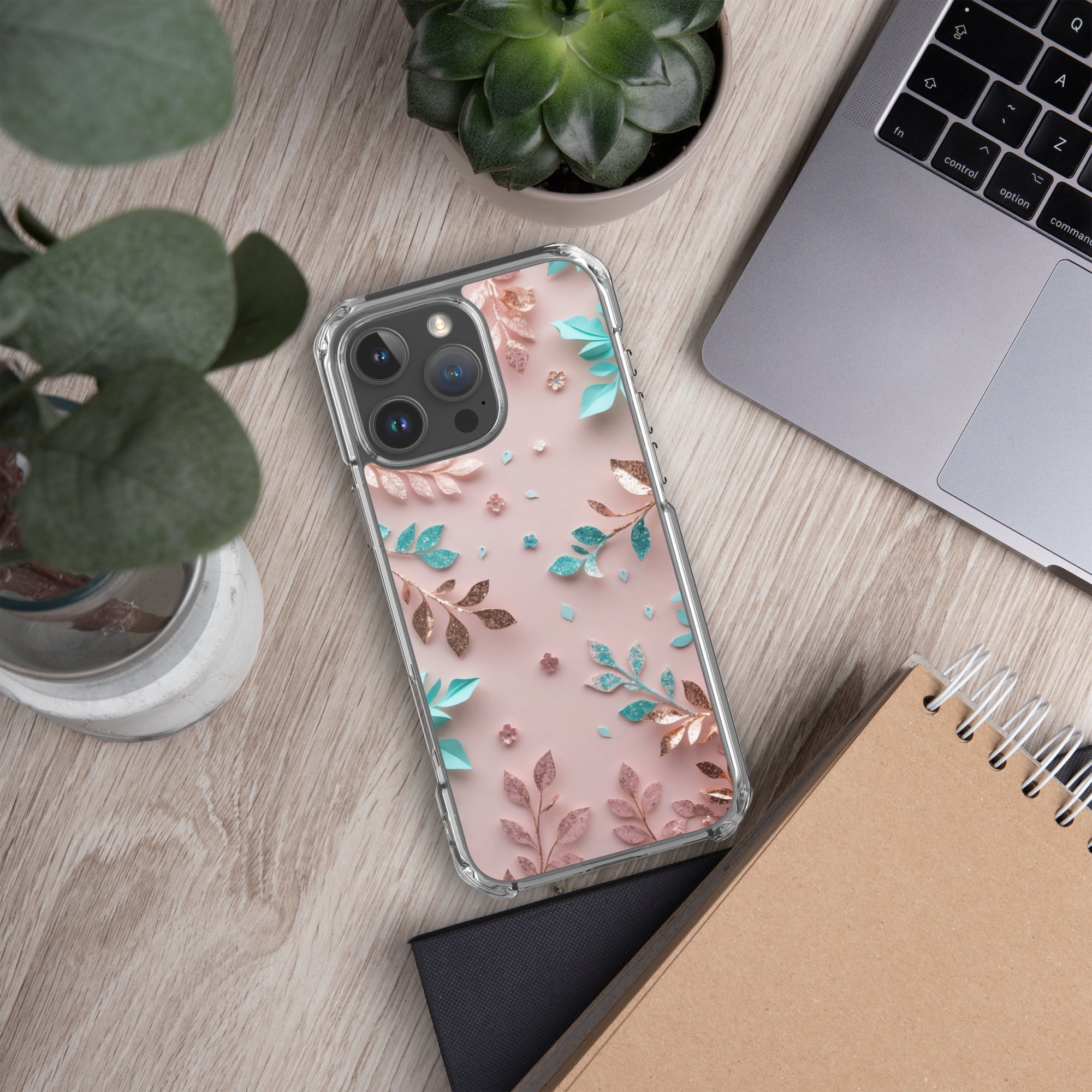 Blush Garden Glam Clear Case for iPhone 16 Pro Max - Pink & Teal Glitter Floral Protective Cover