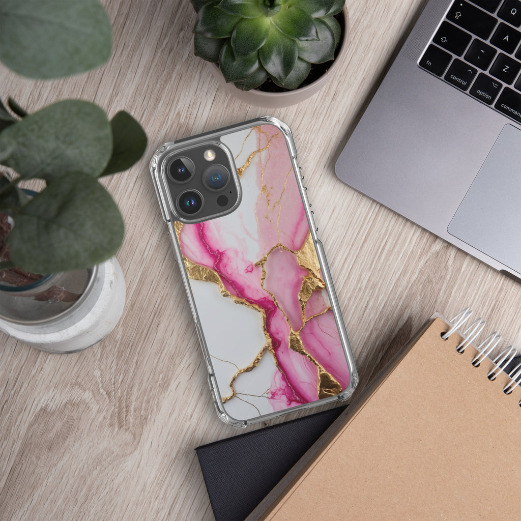 Pink Golden Marble Luxe Clear Case for iPhone 16 Pro Max - Luxury Pink & Gold Marble Protective Cover