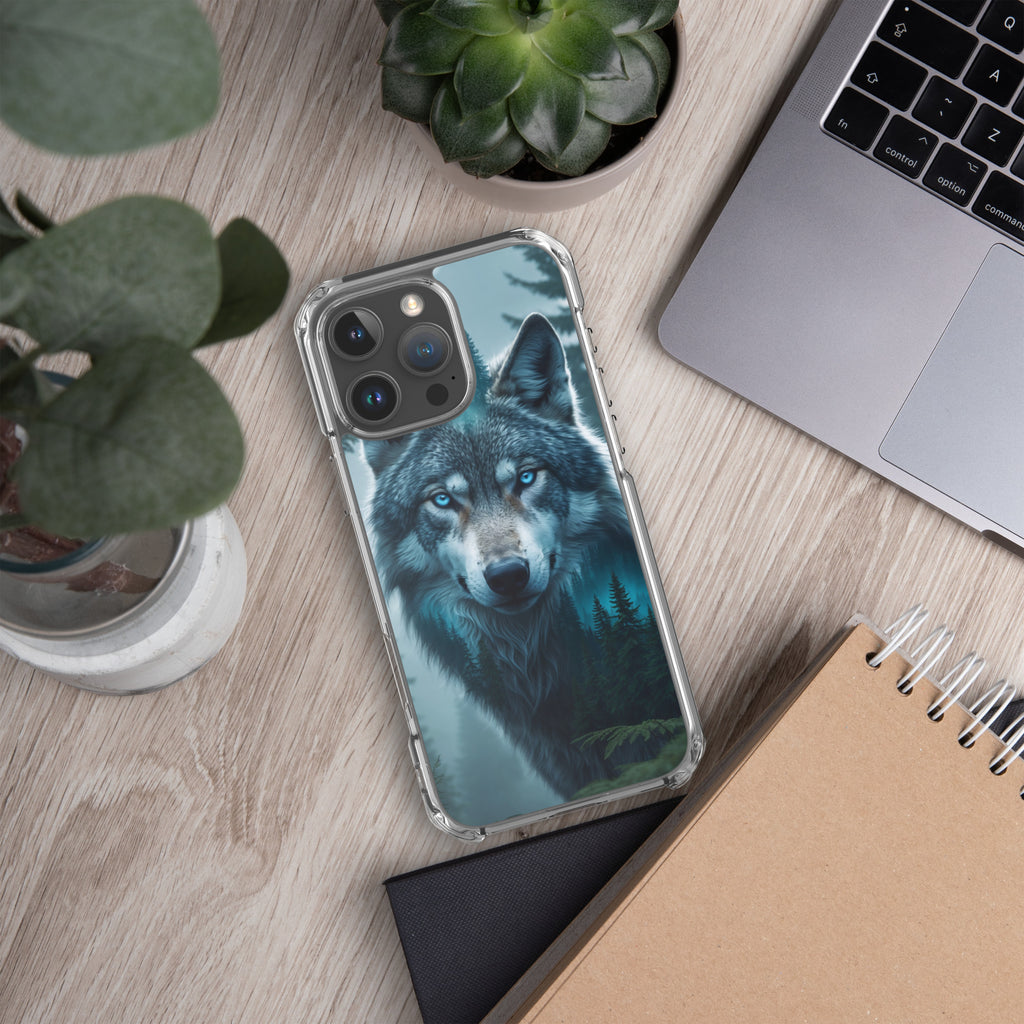 Arctic Forest Wolf Clear Case for iPhone 16 Pro Max - Blue-Eyed Wolf Nature Protective Cover