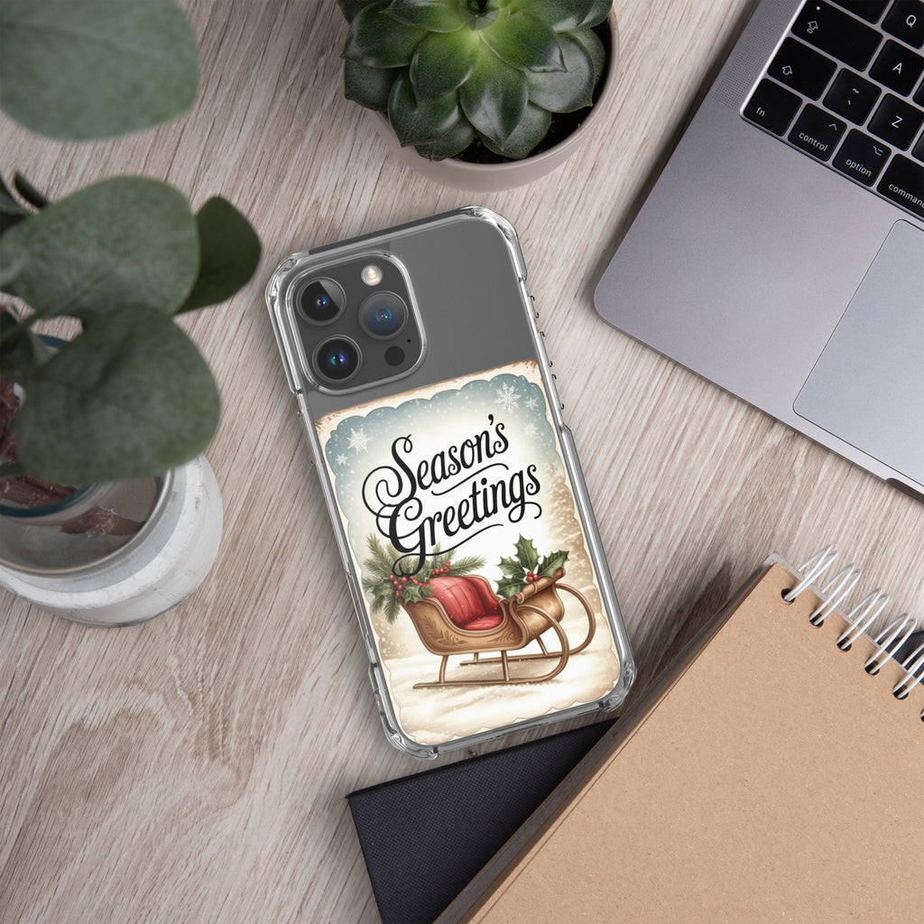 Season’s Greetings Vintage Holiday Clear Case for iPhone 16 Pro Max - Retro Christmas Sleigh Festive Cover
