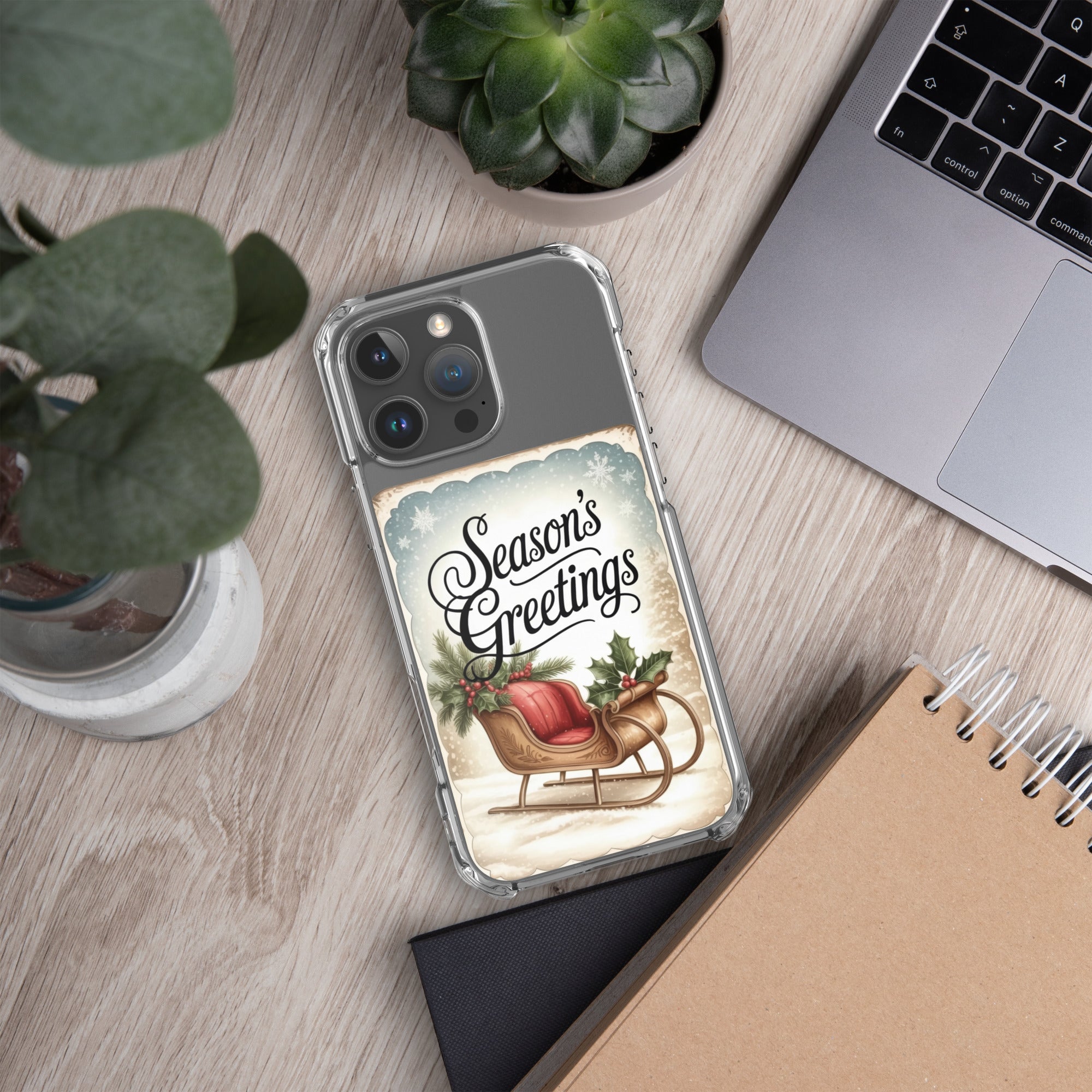 Season’s Greetings Vintage Holiday Clear Case for iPhone 16 Pro Max - Retro Christmas Sleigh Festive Cover