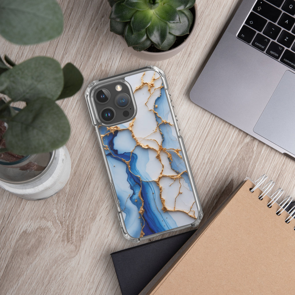 Royal Blue Marble Luxe Clear Case for iPhone 16 Pro Max - Luxury Blue & Gold Marble Protective Cover