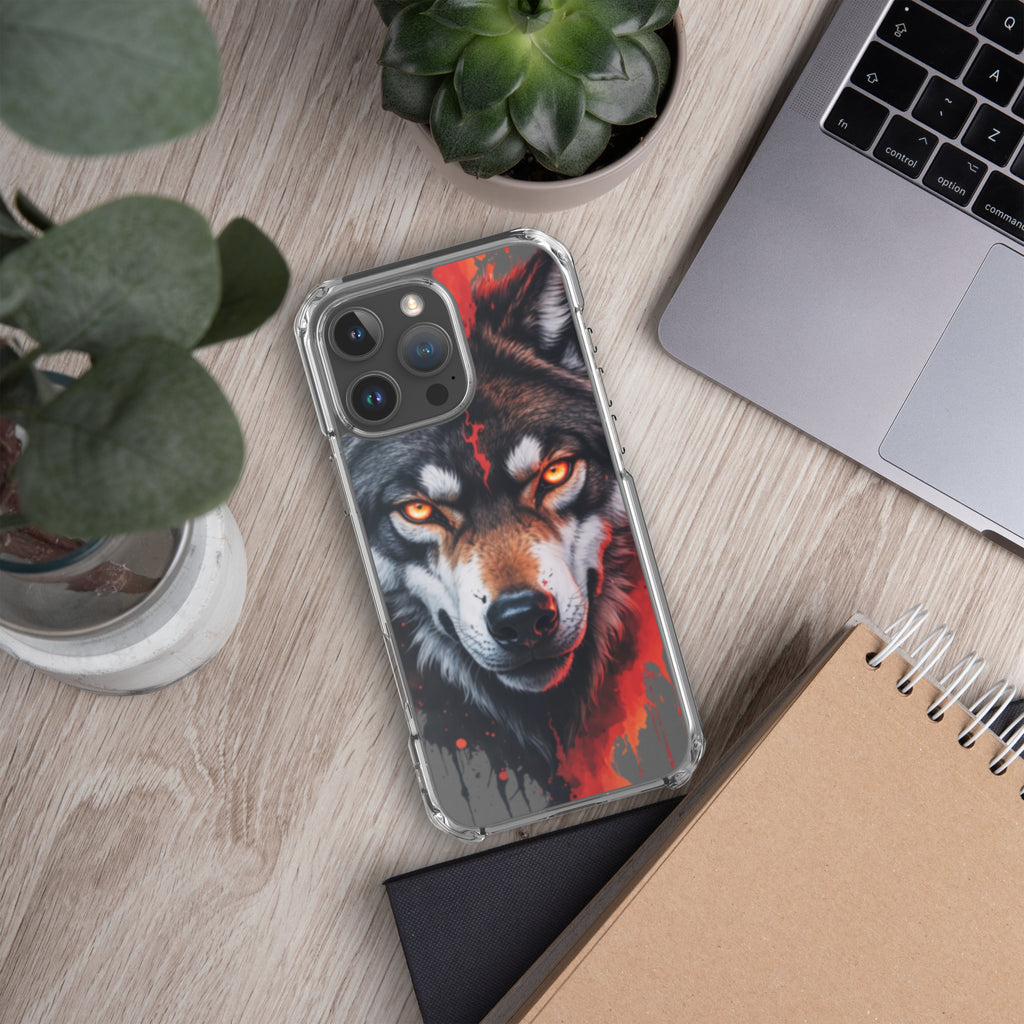 Dual Flame Wolf Clear Case for iPhone 16 Pro Max - Fierce Wolf Artwork Protective Cover