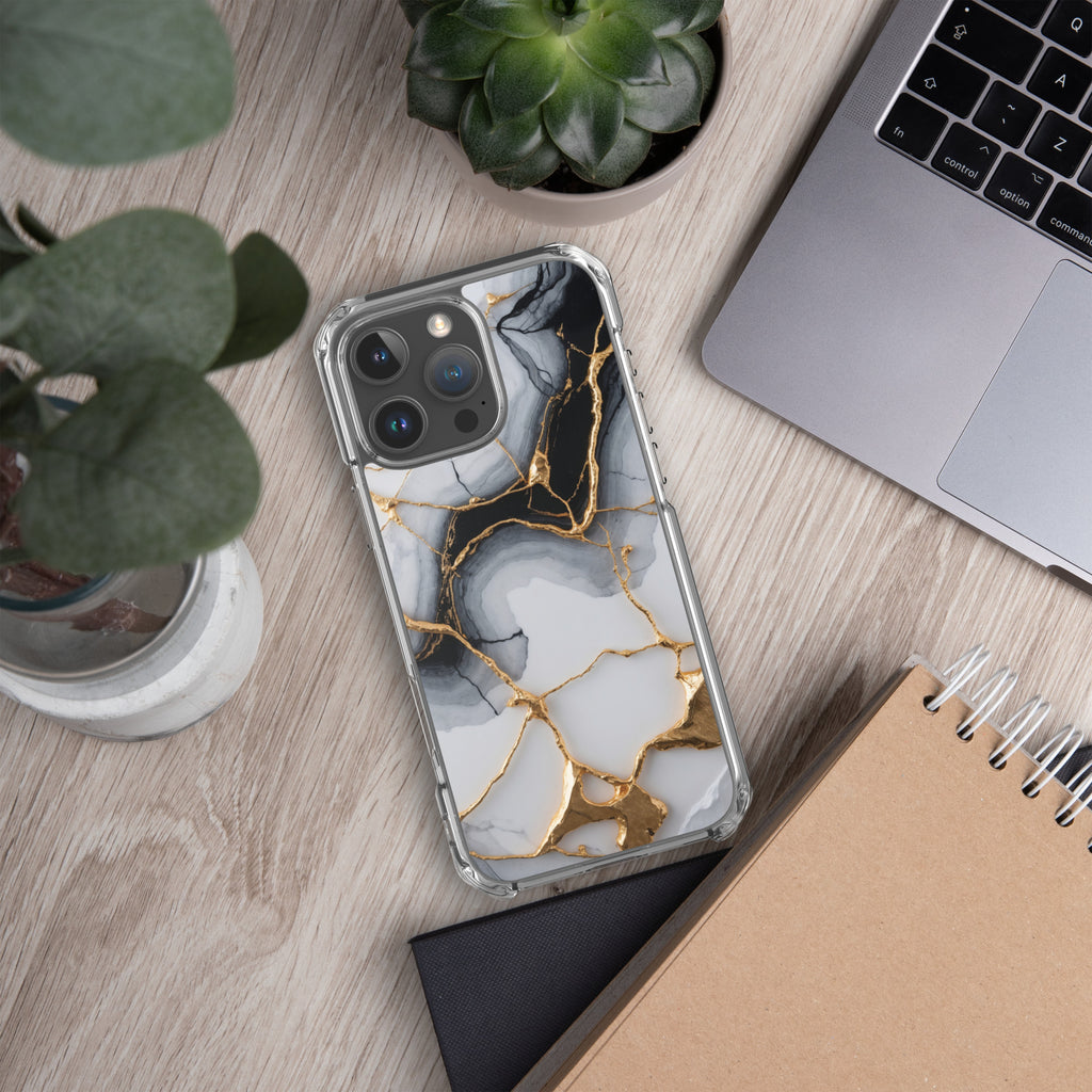 Golden Marble Veins Clear Case for iPhone 16 Pro Max - Luxury Black & White Marble Protective Cover
