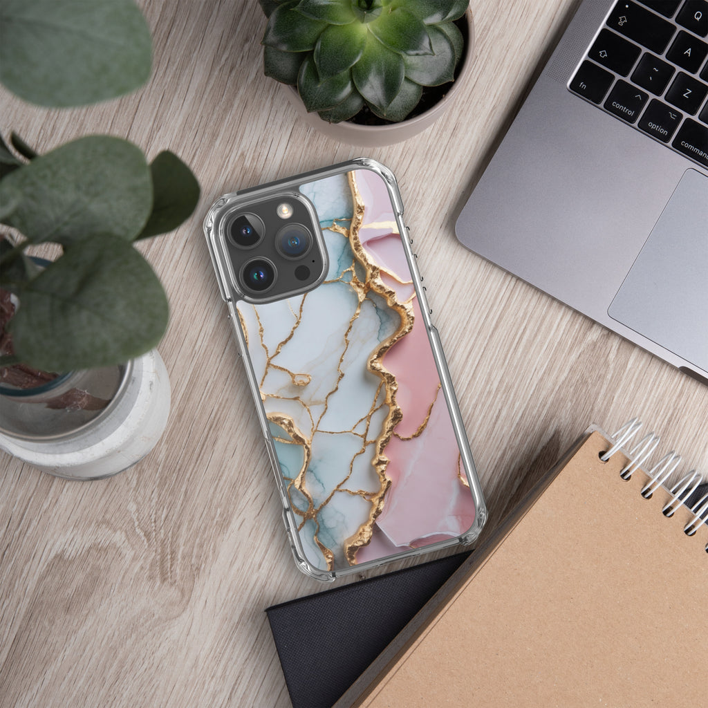 Pastel Golden Marble Fusion Clear Case for iPhone 16 Pro Max - Luxury Pink & Blue Marble Protective Cover