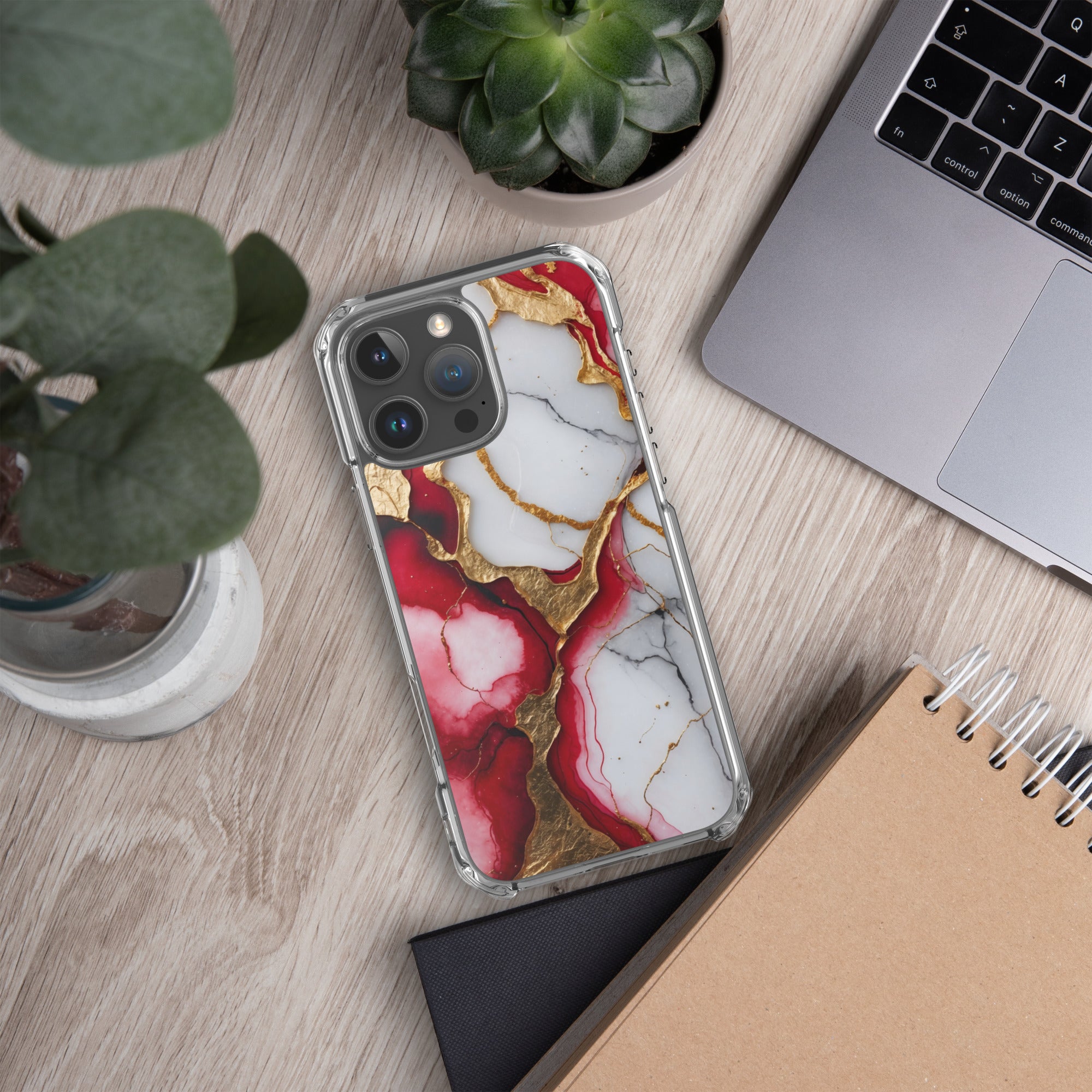 Crimson Golden Marble Luxe Clear Case for iPhone 16 Pro Max - Luxury Red & Gold Marble Protective Cover