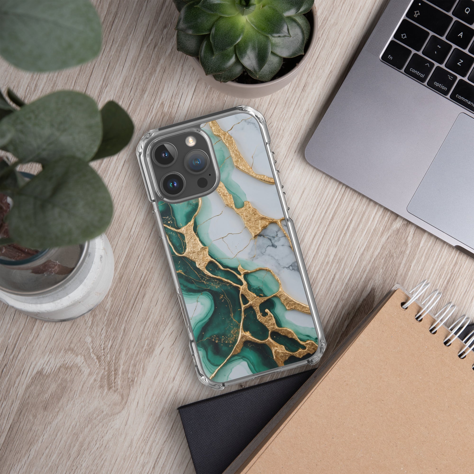 Emerald Golden Marble Flow Clear Case for iPhone 16 Pro Max - Luxury Green & Gold Marble Protective Cover