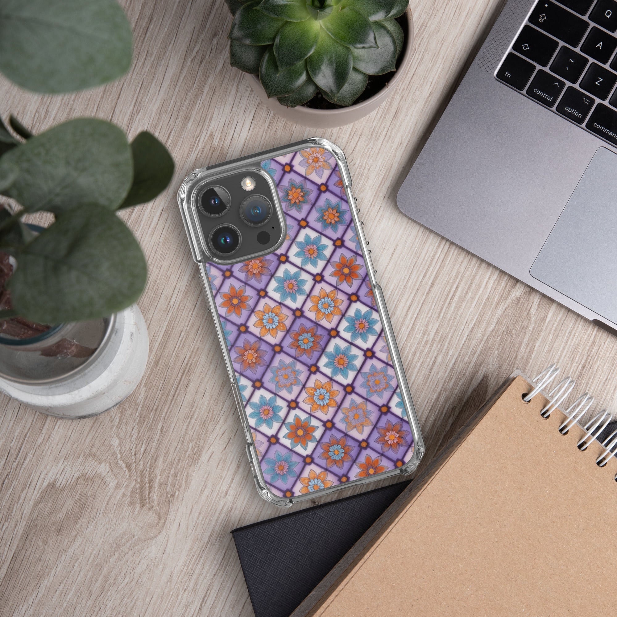 Violet Mosaic Blooms Clear Case for iPhone 16 Pro Max - Colorful Floral Pattern Protective Cover