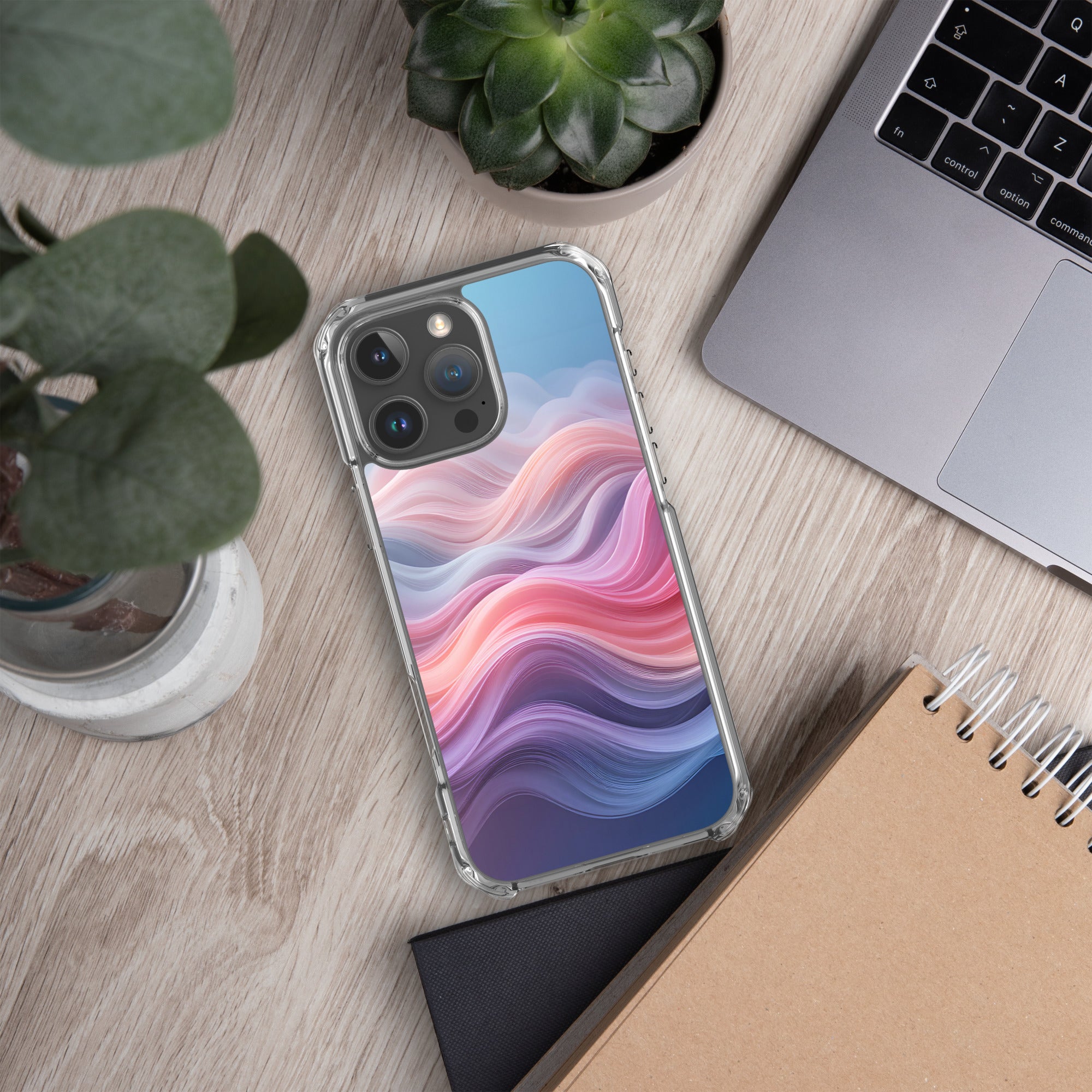 Velvet Currents Dream Clear Case for iPhone 16 Pro Max - Abstract Pink & Blue Waves Protective Cover