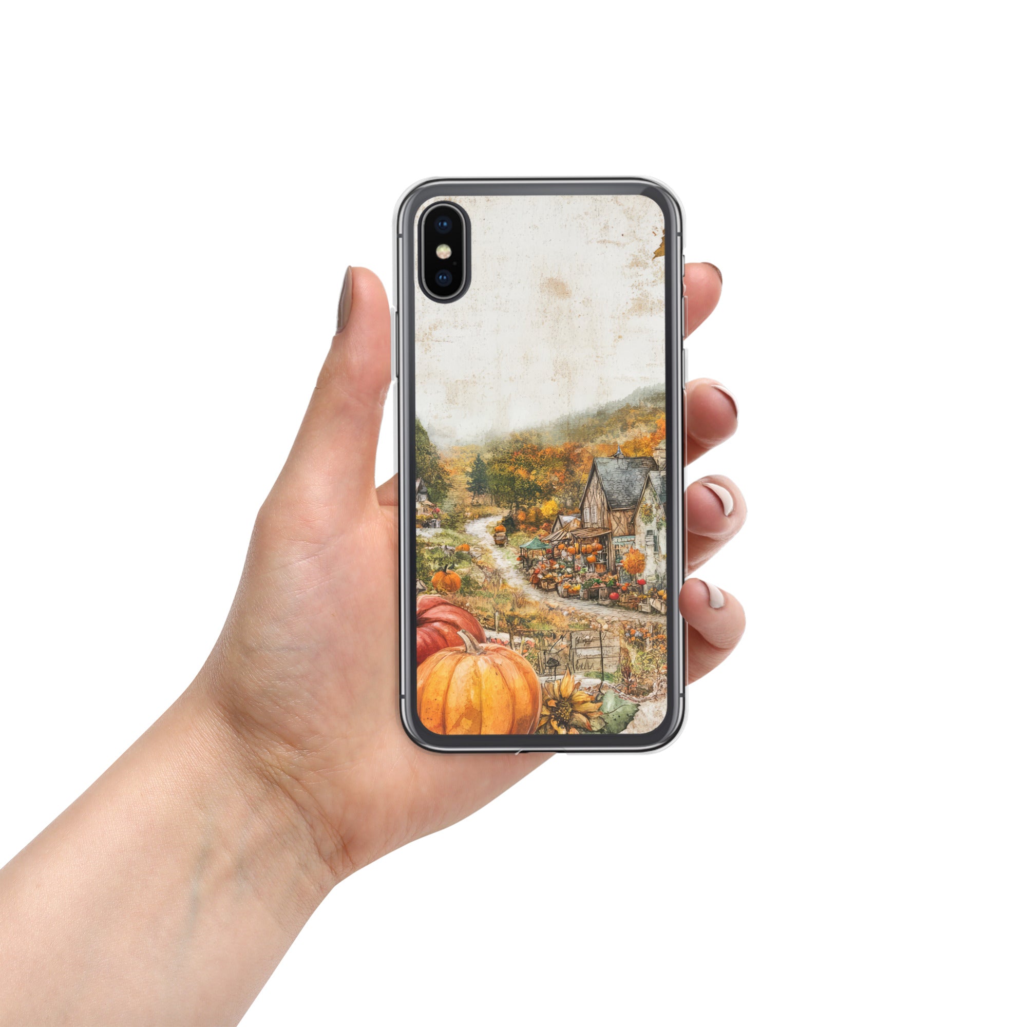 Autumn Village Clear Case for iPhone X/XS - Fall Rustic Pumpkin Design Protective Cover