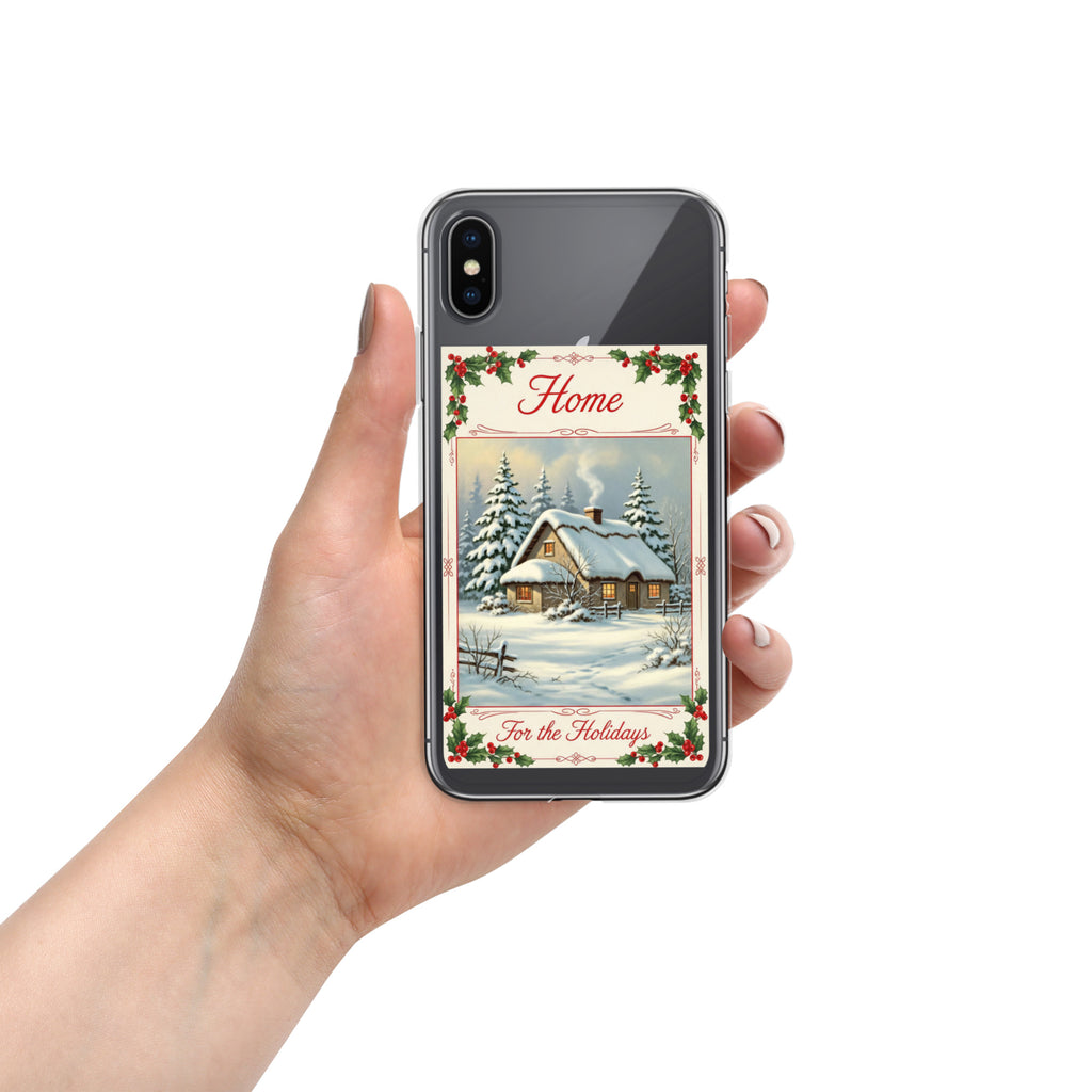 Home for the Holidays Clear Case for iPhone X/XS - Vintage Christmas Cottage Protective Cover