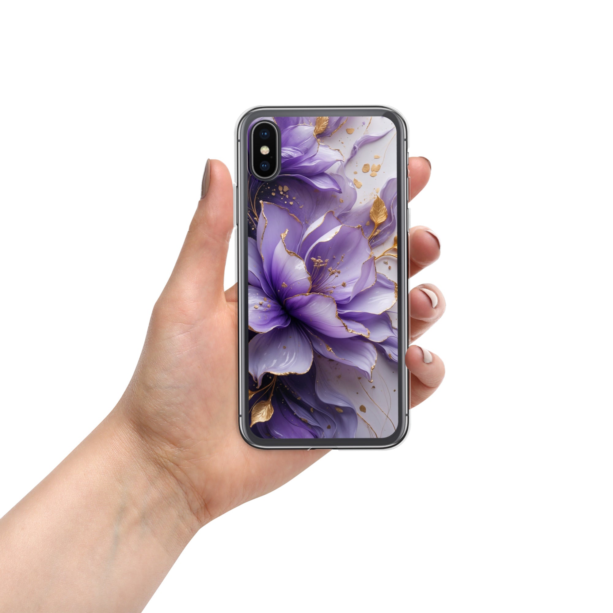 Royal Violet Bloom Clear Case for iPhone X/XS - Luxury Purple & Gold Floral Protective Cover
