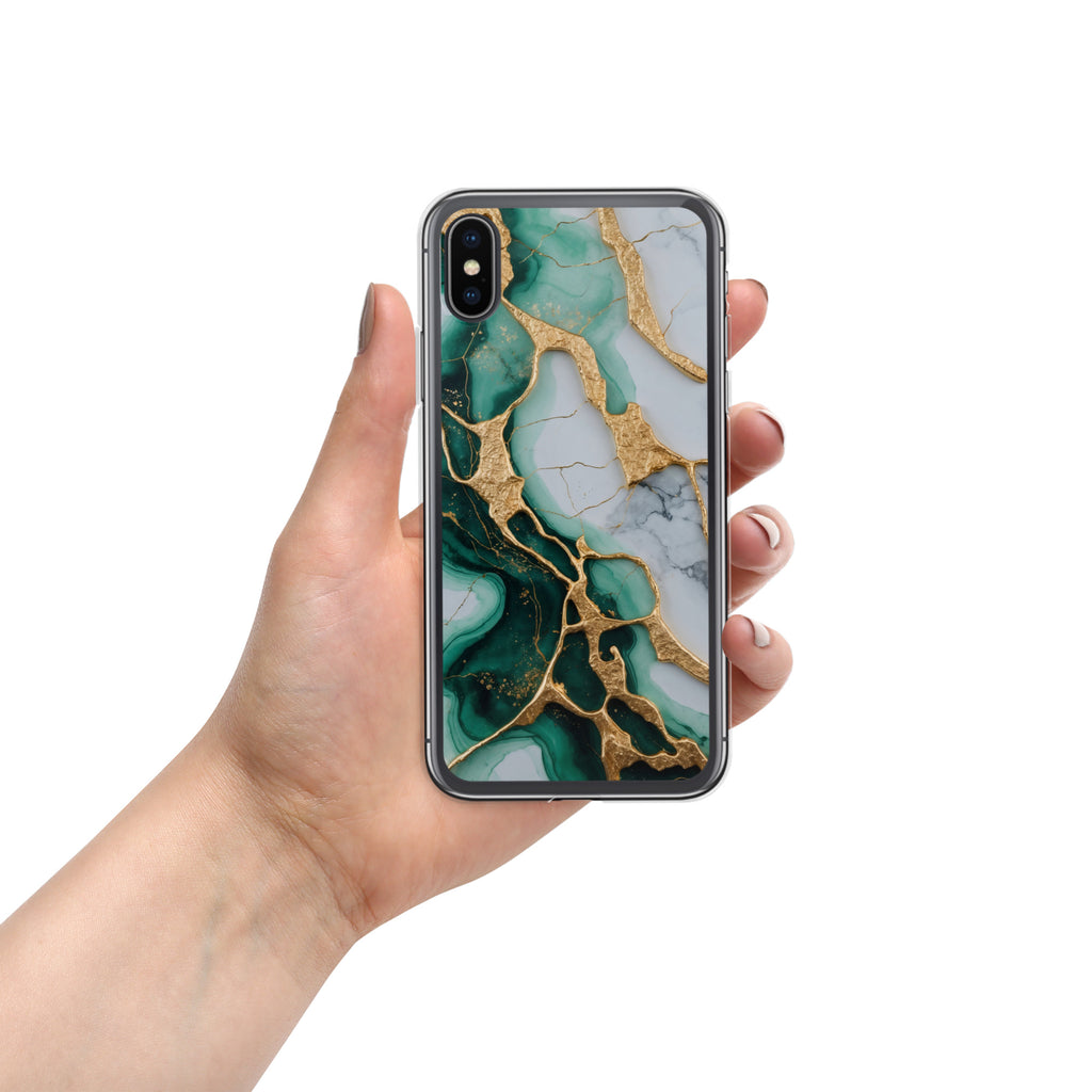 Emerald Golden Marble Flow Clear Case for iPhone X/XS - Luxury Green & Gold Marble Protective Cover
