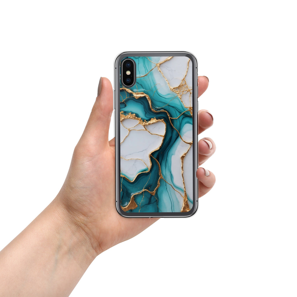 Teal Golden Marble Flow Clear Case for iPhone X/XS - Luxury Teal & Gold Marble Protective Cover