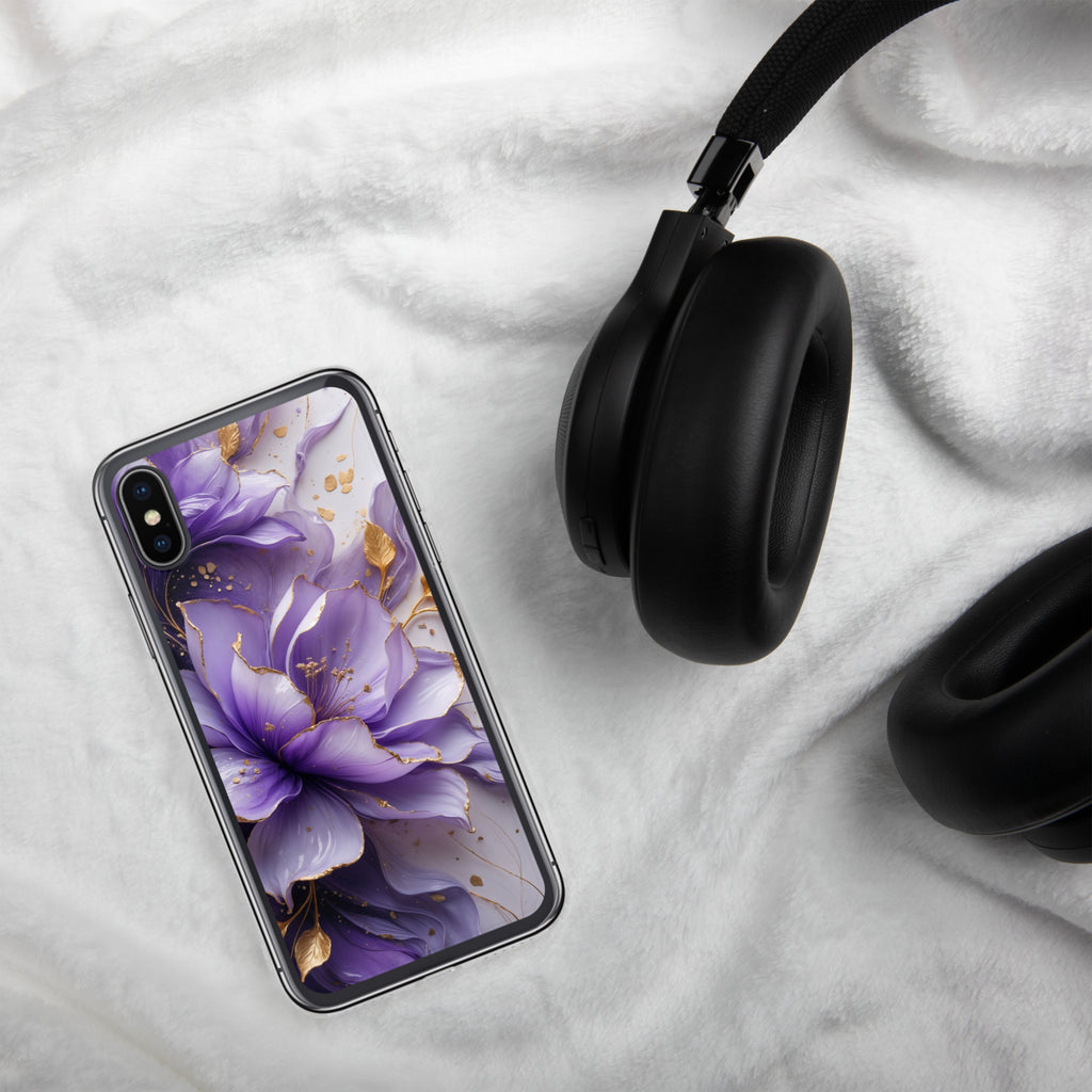 Royal Violet Bloom Clear Case for iPhone X/XS - Luxury Purple & Gold Floral Protective Cover