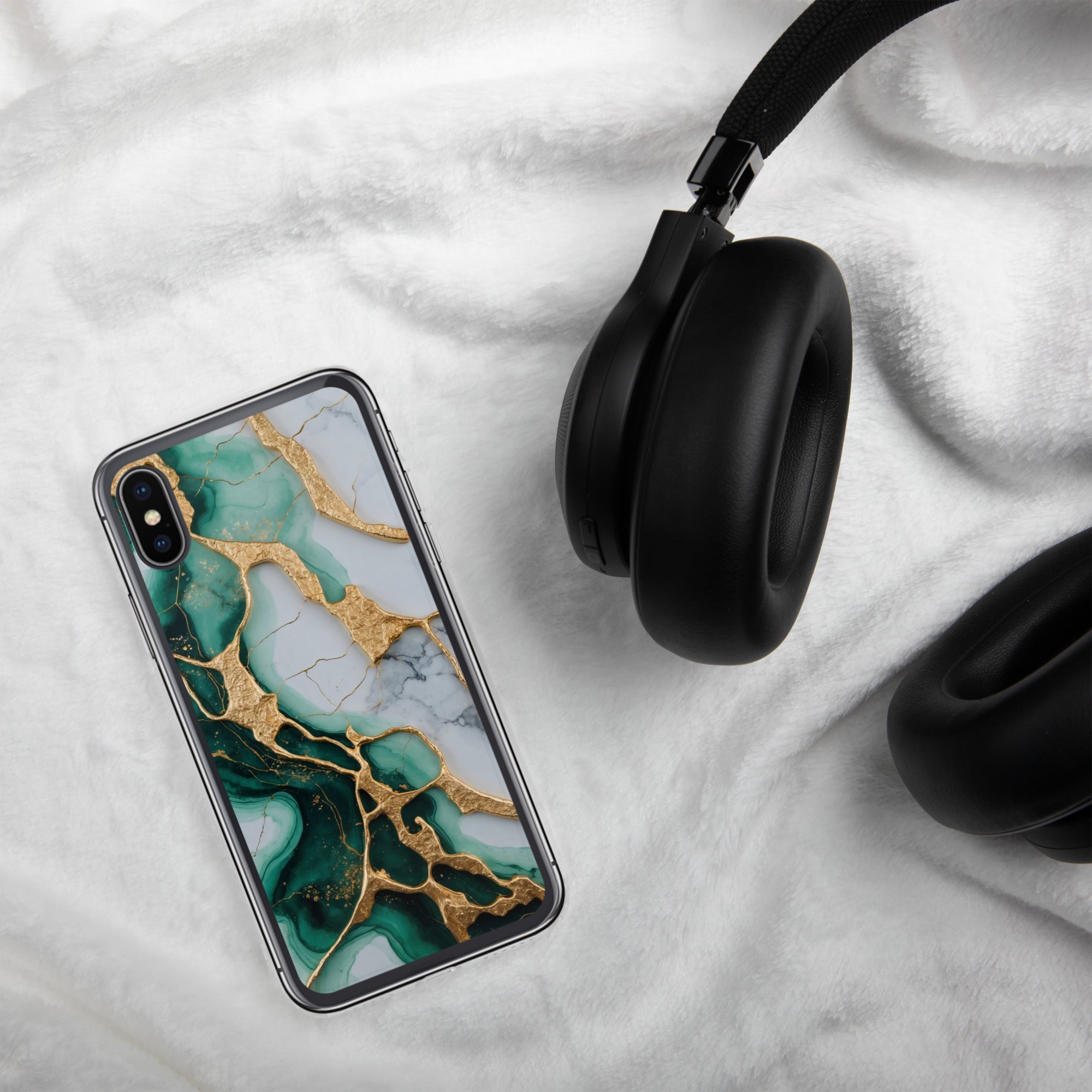 Emerald Golden Marble Flow Clear Case for iPhone X/XS - Luxury Green & Gold Marble Protective Cover