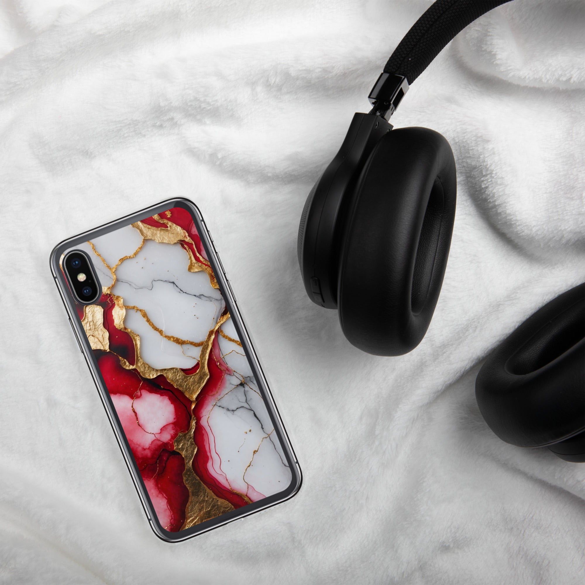 Crimson Golden Marble Luxe Clear Case for iPhone X/XS - Luxury Red & Gold Marble Protective Cover