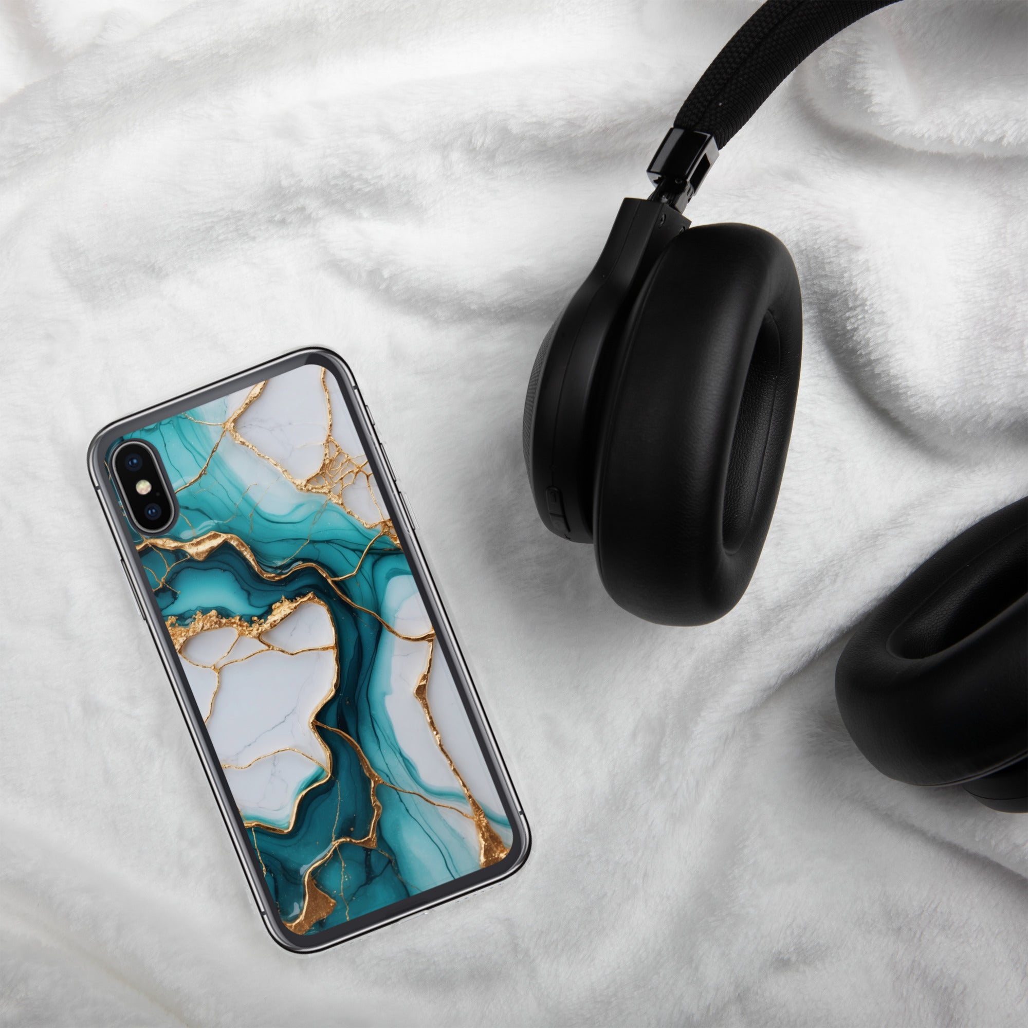 Teal Golden Marble Flow Clear Case for iPhone X/XS - Luxury Teal & Gold Marble Protective Cover
