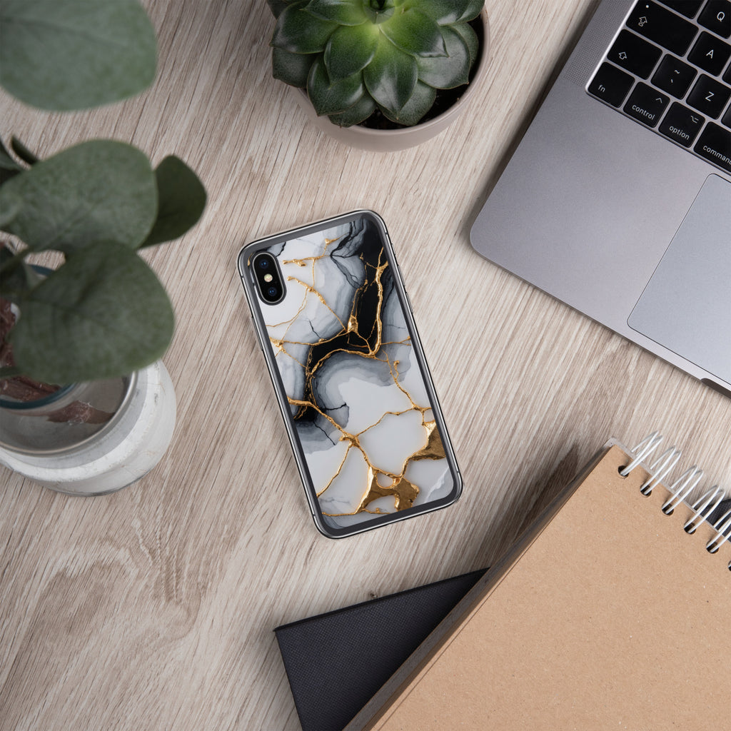 Golden Marble Veins Clear Case for iPhone X/XS - Luxury Black & White Marble Protective Cover