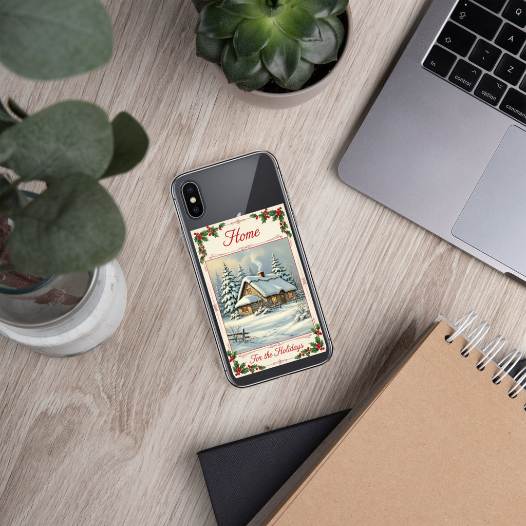 Home for the Holidays Clear Case for iPhone X/XS - Vintage Christmas Cottage Protective Cover