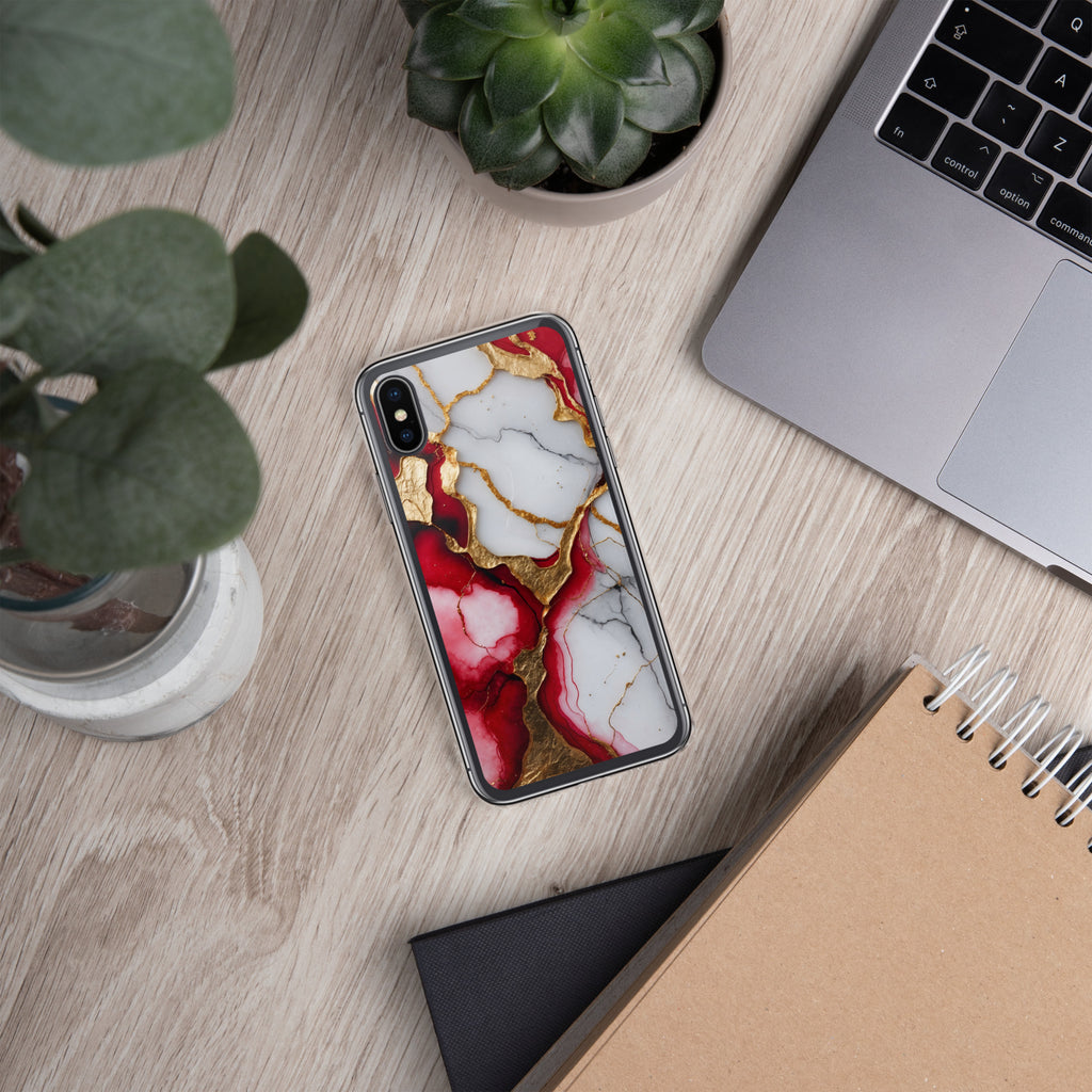 Crimson Golden Marble Luxe Clear Case for iPhone X/XS - Luxury Red & Gold Marble Protective Cover