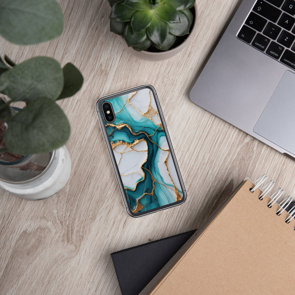 Teal Golden Marble Flow Clear Case for iPhone X/XS - Luxury Teal & Gold Marble Protective Cover