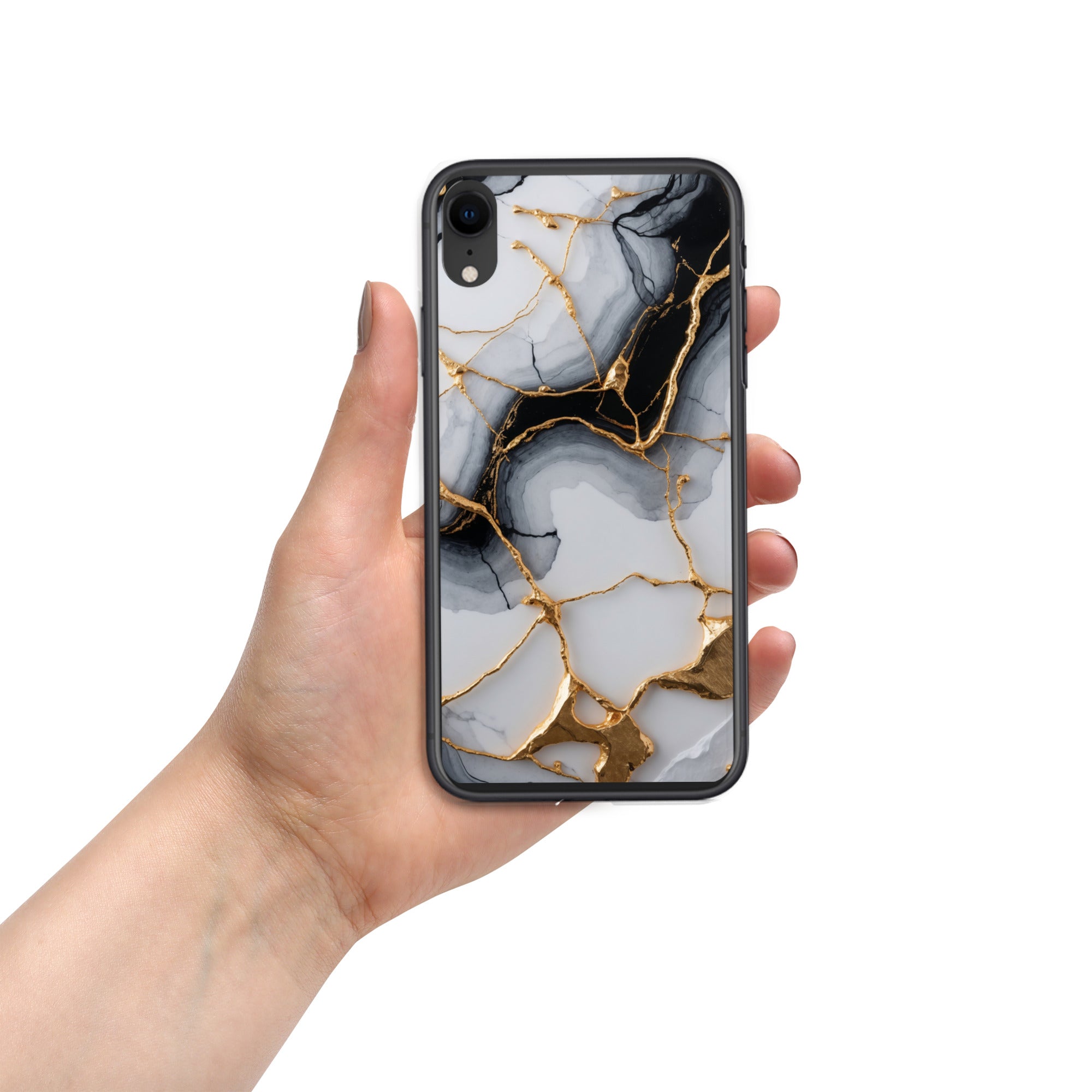Golden Marble Veins Clear Case for iPhone XR - Luxury Black & White Marble Protective Cover