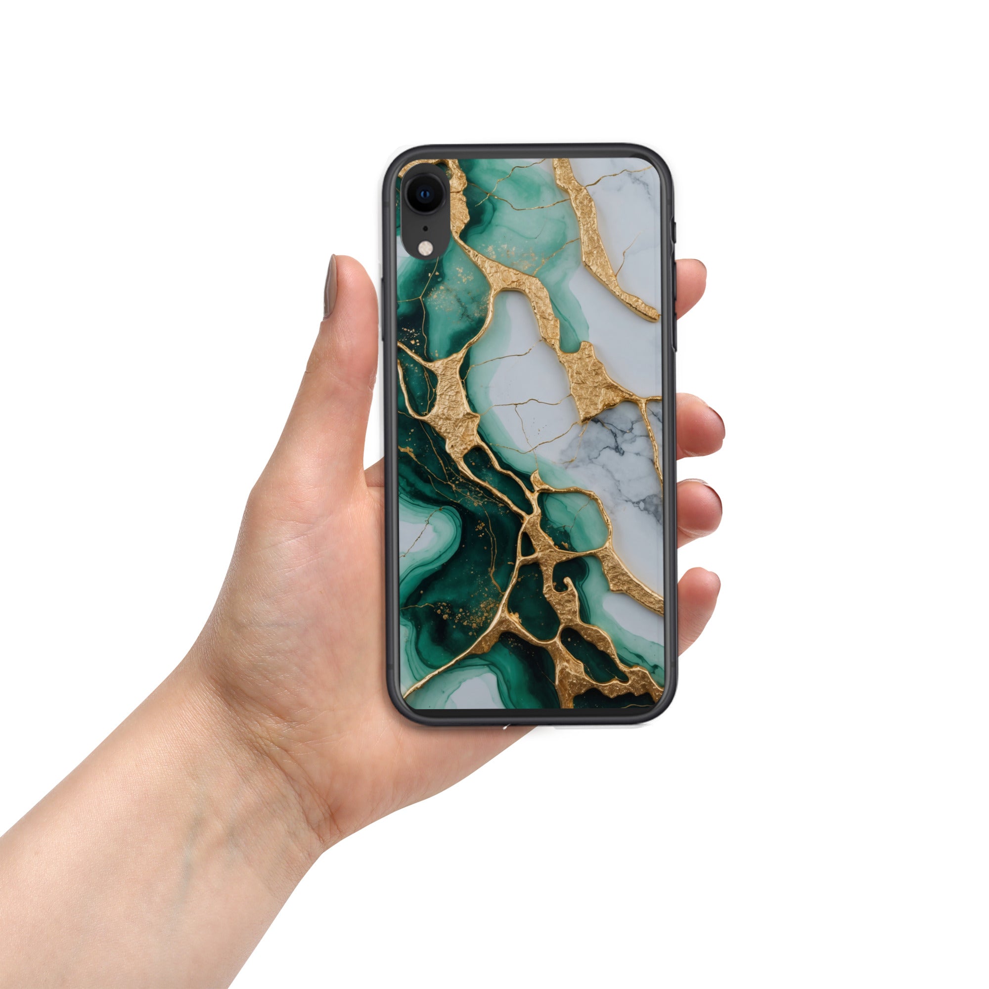 Emerald Golden Marble Flow Clear Case for iPhone XR - Luxury Green & Gold Marble Protective Cover