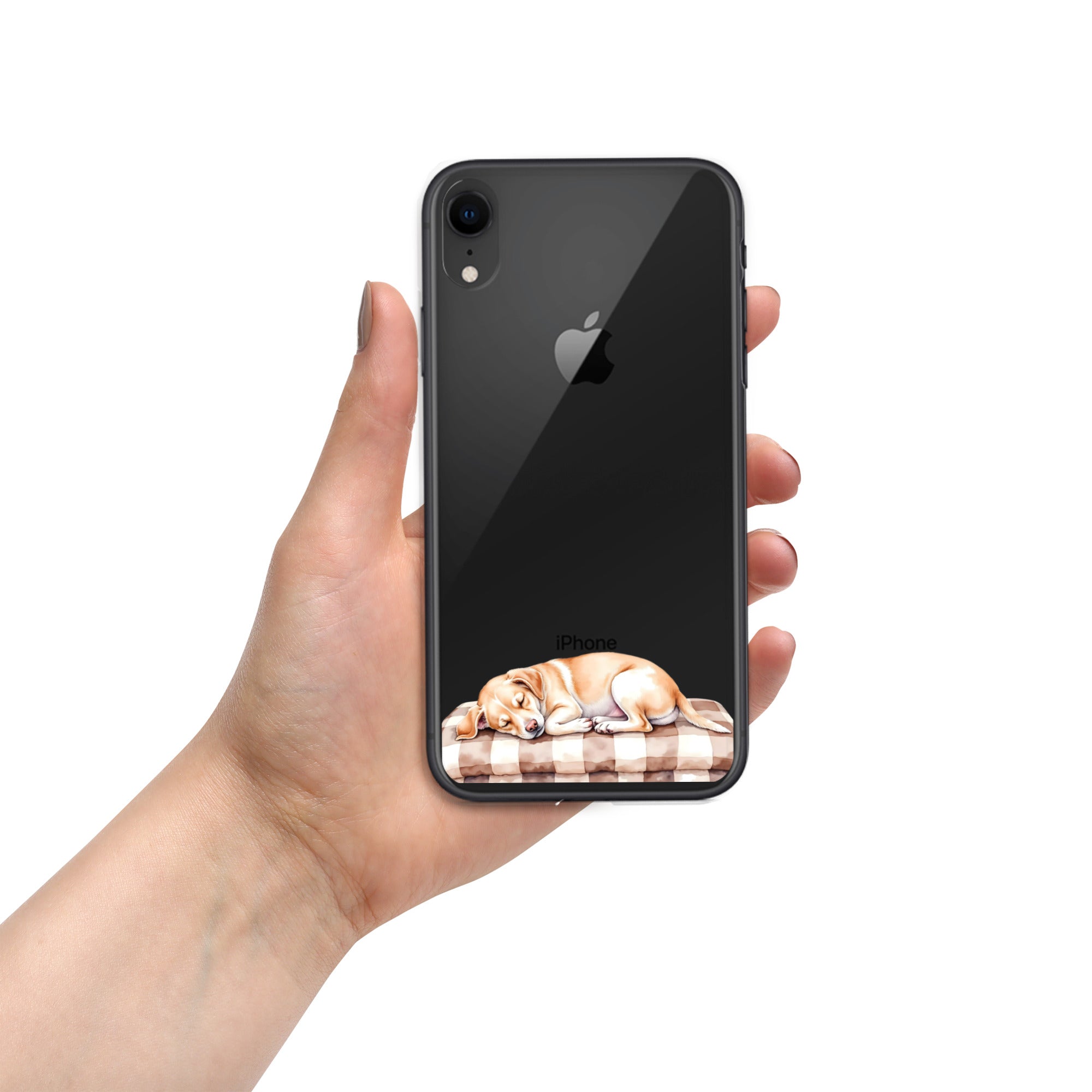 Sleepy Dog on Checkered Blanket Clear Case for iPhone XR - Cute Cozy Puppy Illustration Protective Cover