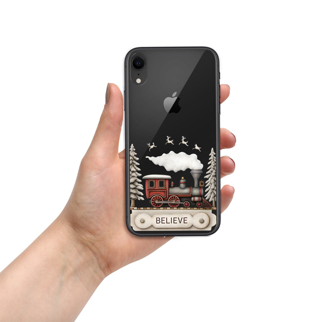 Believe Christmas Train Clear Case for iPhone XR - Vintage Holiday Locomotive Winter Scene Cover