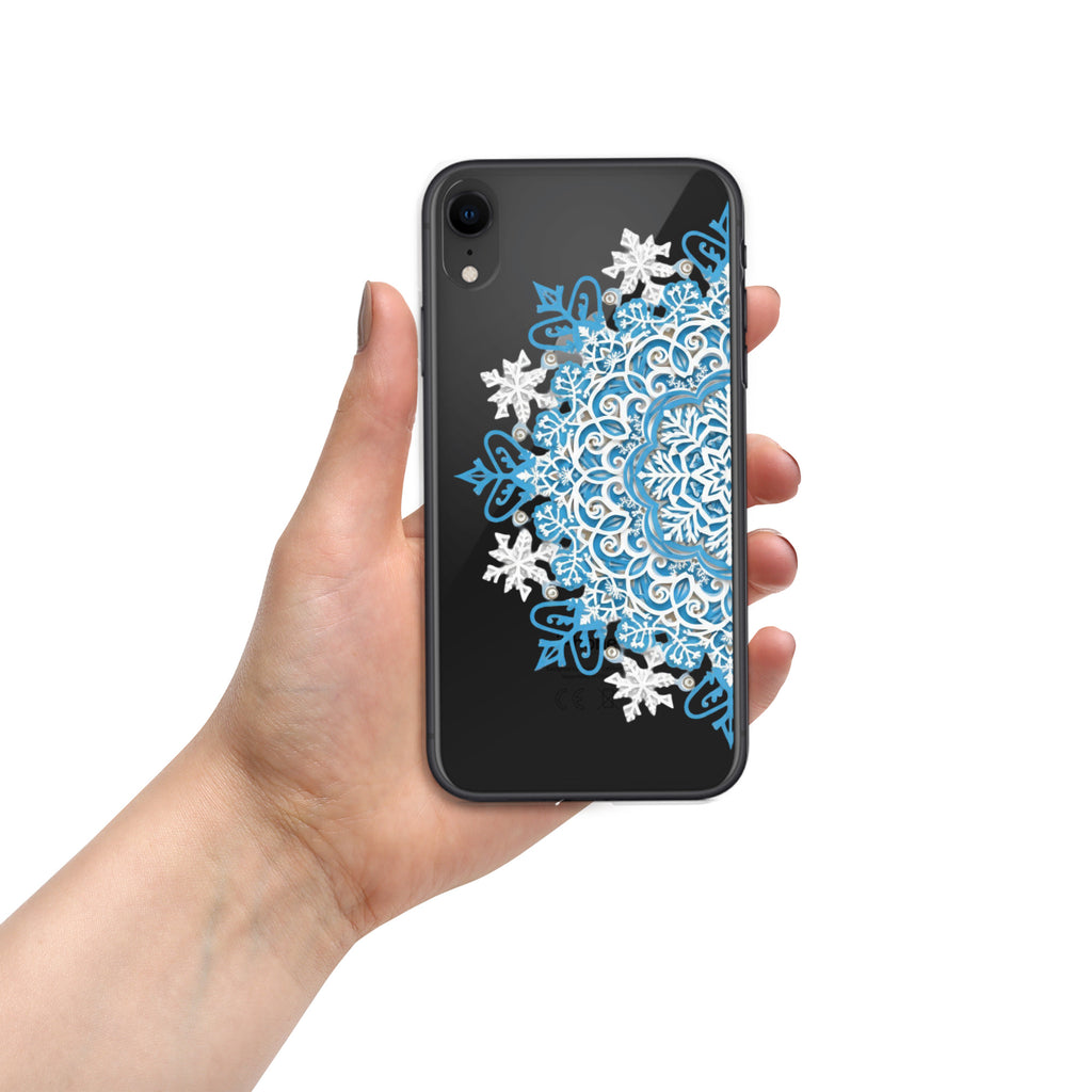 Frozen Mandala Snowflake Clear Case for iPhone XR - Blue & White Winter Mandala Protective Cover