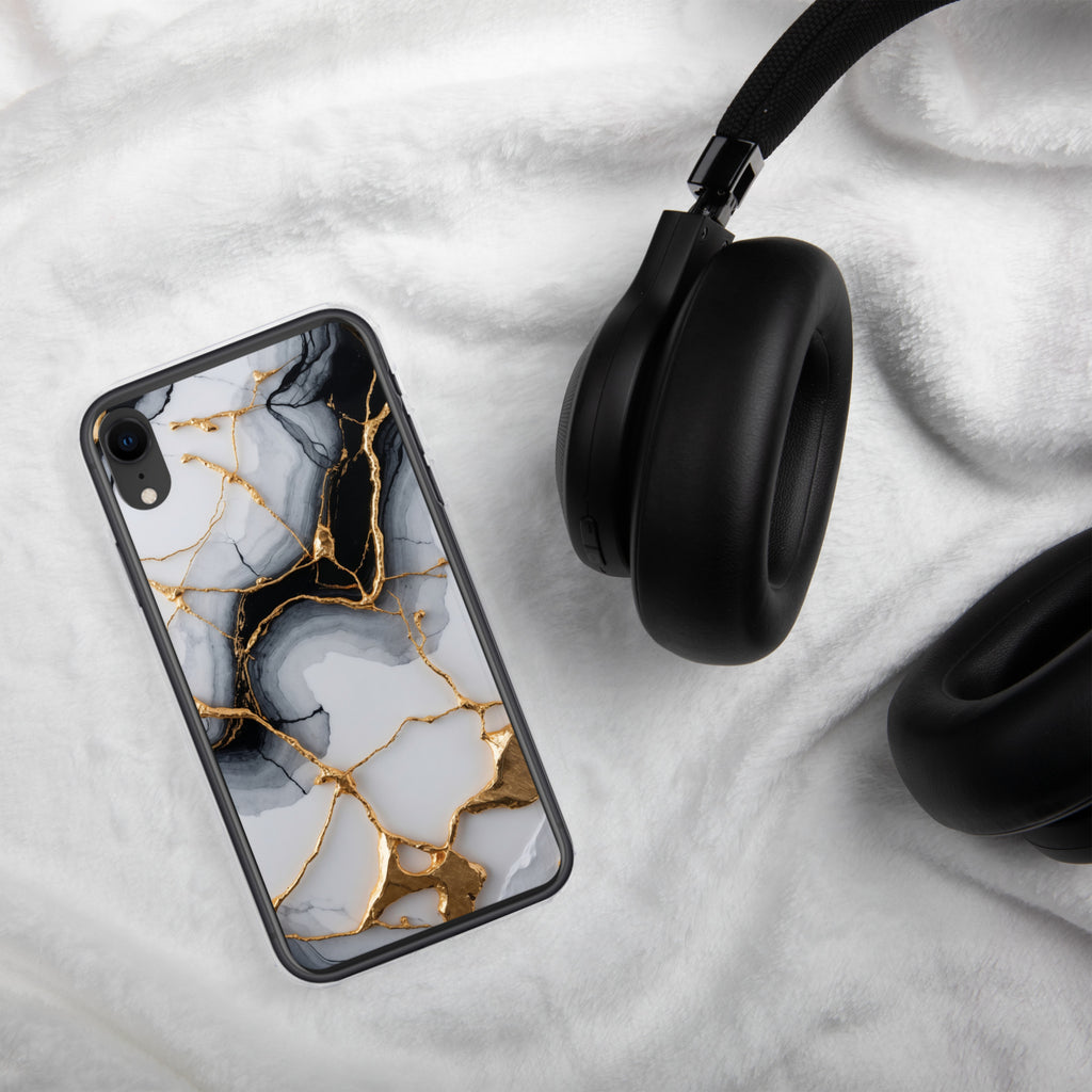 Golden Marble Veins Clear Case for iPhone XR - Luxury Black & White Marble Protective Cover