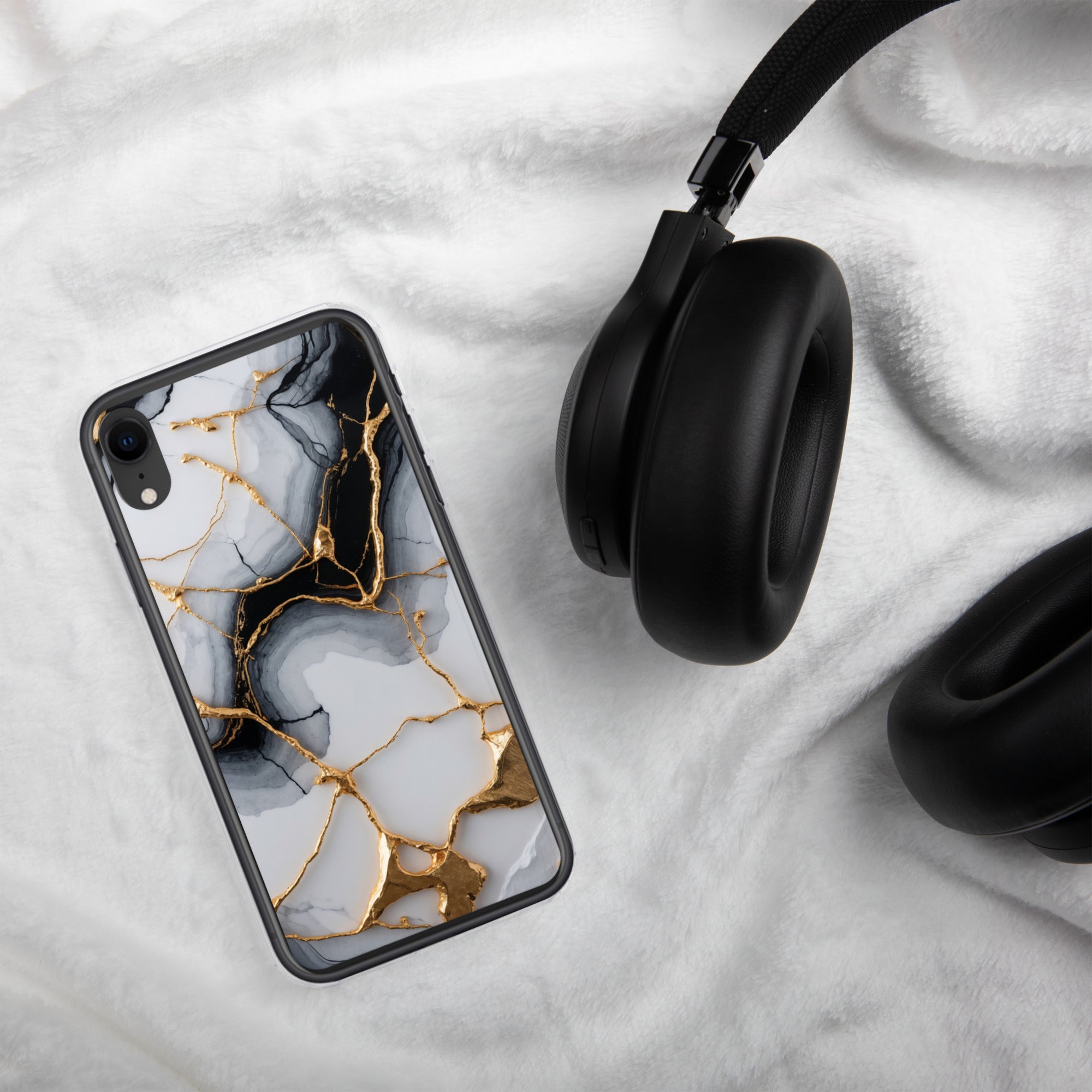 Golden Marble Veins Clear Case for iPhone XR - Luxury Black & White Marble Protective Cover