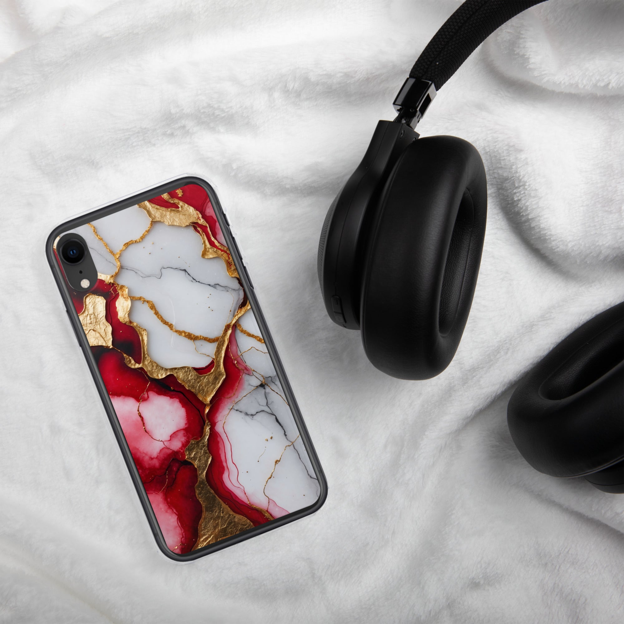 Crimson Golden Marble Luxe Clear Case for iPhone XR - Luxury Red & Gold Marble Protective Cover