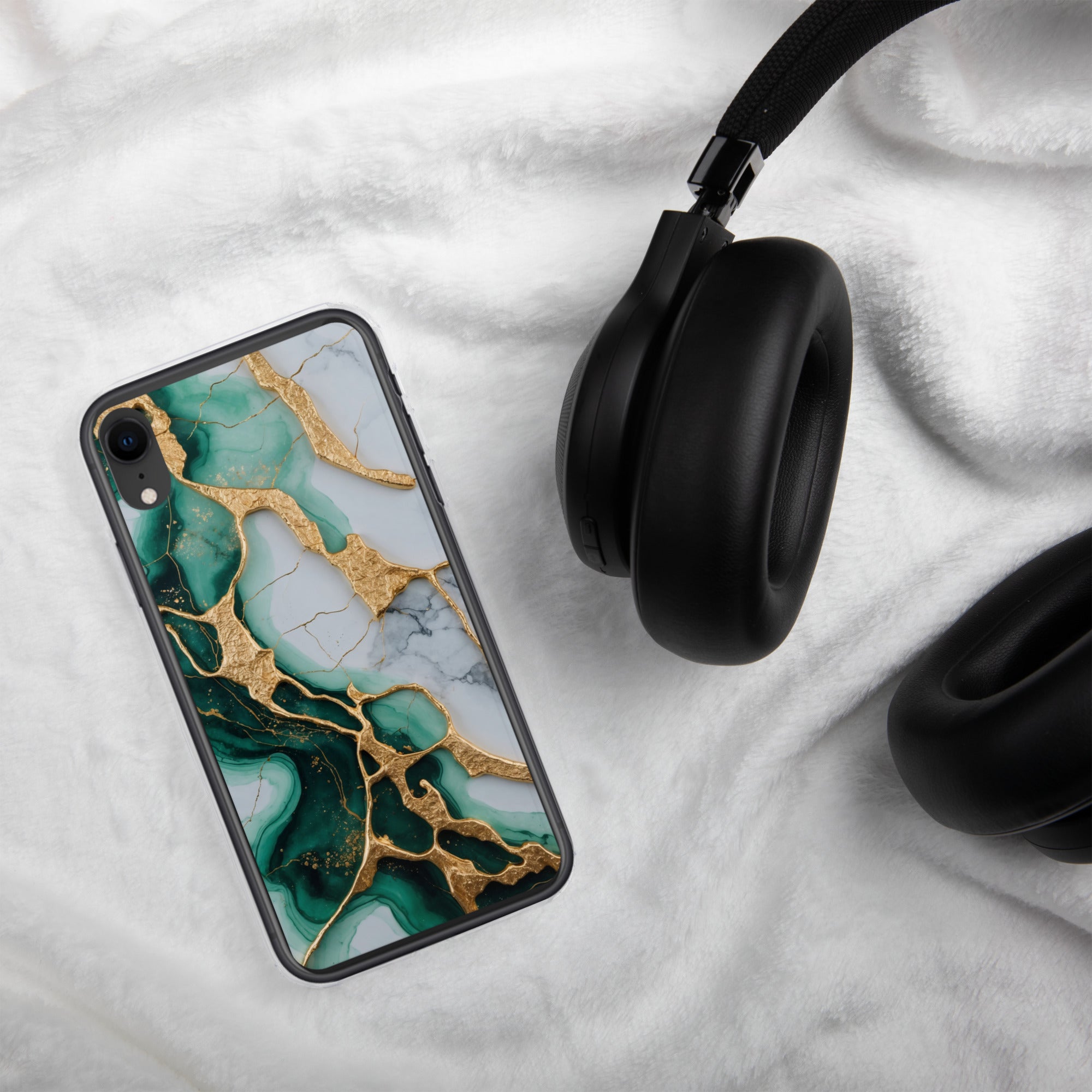 Emerald Golden Marble Flow Clear Case for iPhone XR - Luxury Green & Gold Marble Protective Cover