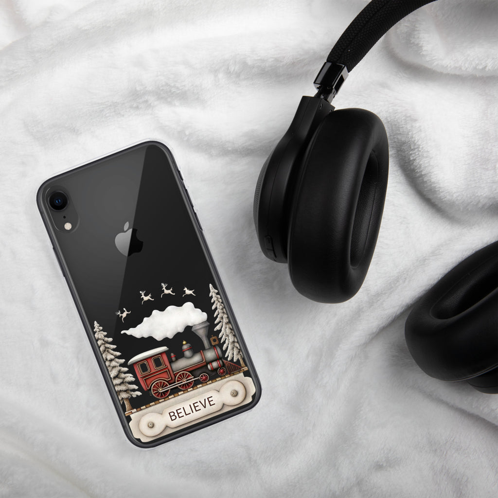 Believe Christmas Train Clear Case for iPhone XR - Vintage Holiday Locomotive Winter Scene Cover