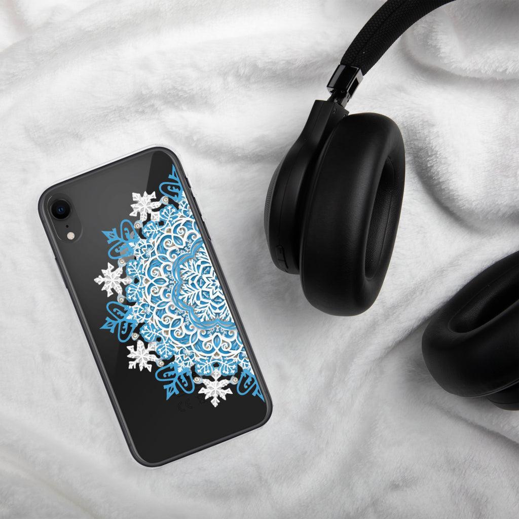 Frozen Mandala Snowflake Clear Case for iPhone XR - Blue & White Winter Mandala Protective Cover