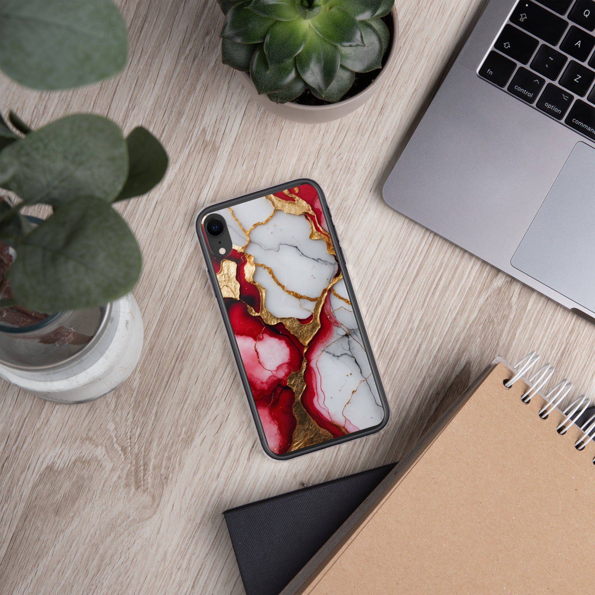 Crimson Golden Marble Luxe Clear Case for iPhone XR - Luxury Red & Gold Marble Protective Cover