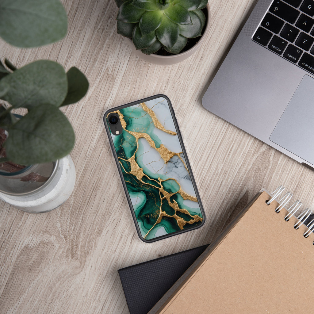 Emerald Golden Marble Flow Clear Case for iPhone XR - Luxury Green & Gold Marble Protective Cover