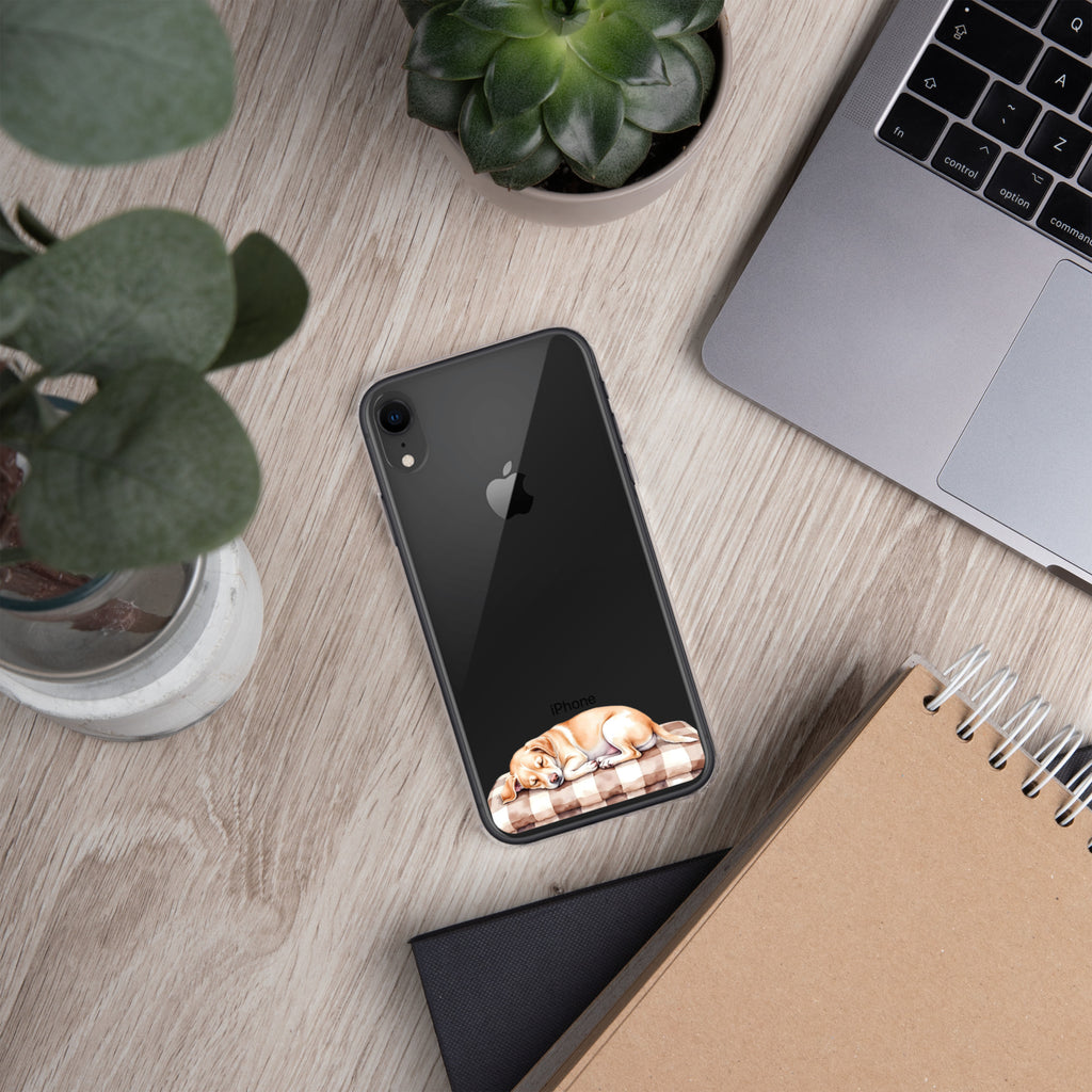 Sleepy Dog on Checkered Blanket Clear Case for iPhone XR - Cute Cozy Puppy Illustration Protective Cover