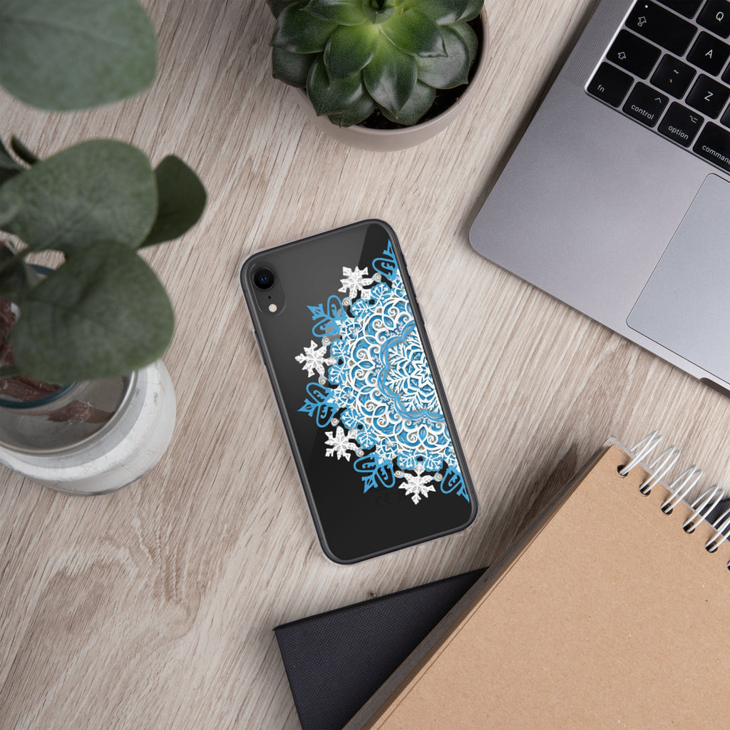Frozen Mandala Snowflake Clear Case for iPhone XR - Blue & White Winter Mandala Protective Cover