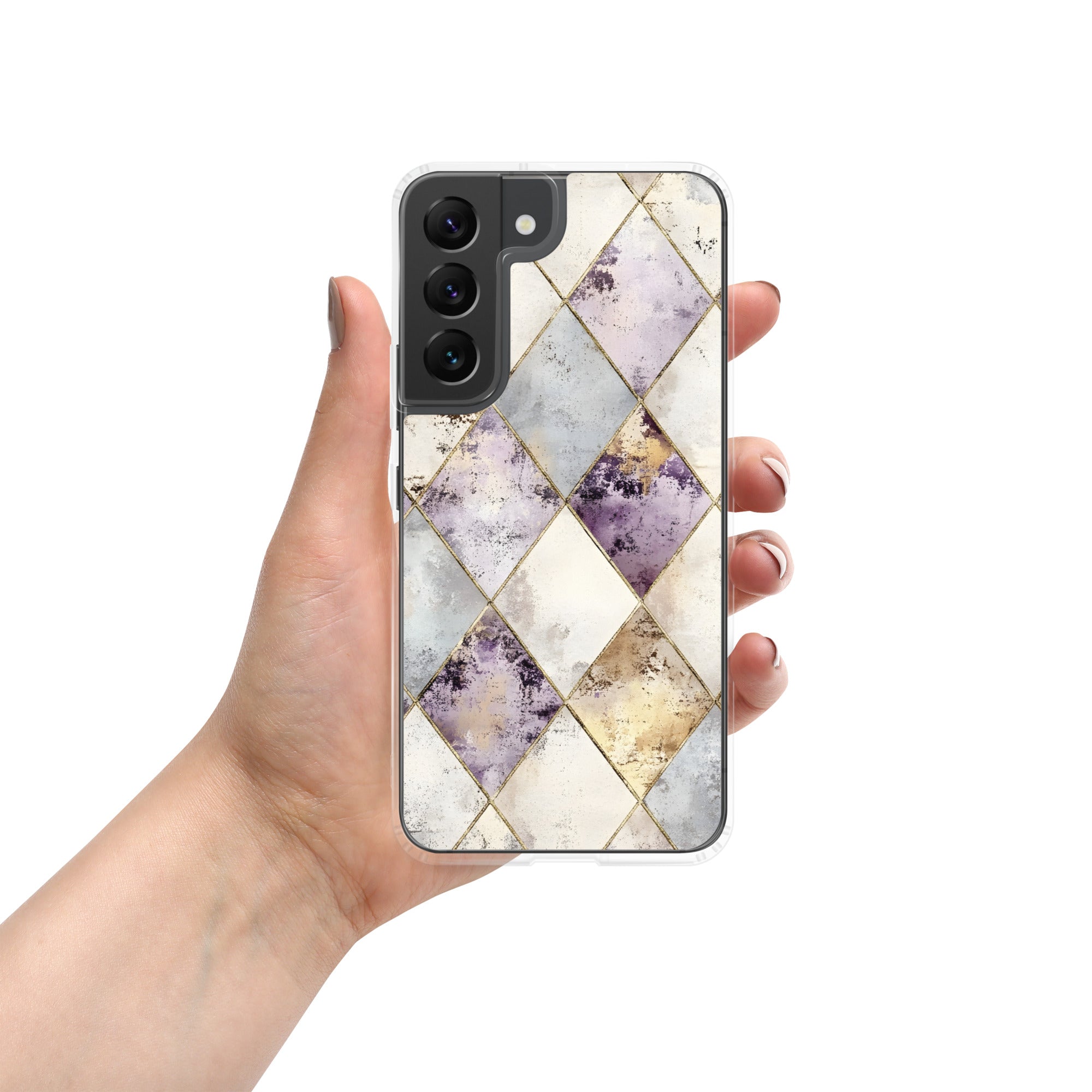 Golden Harlequin Damask Clear Case for Samsung Galaxy S22 – Elegant Geometric Gold Pattern Protective Cover
