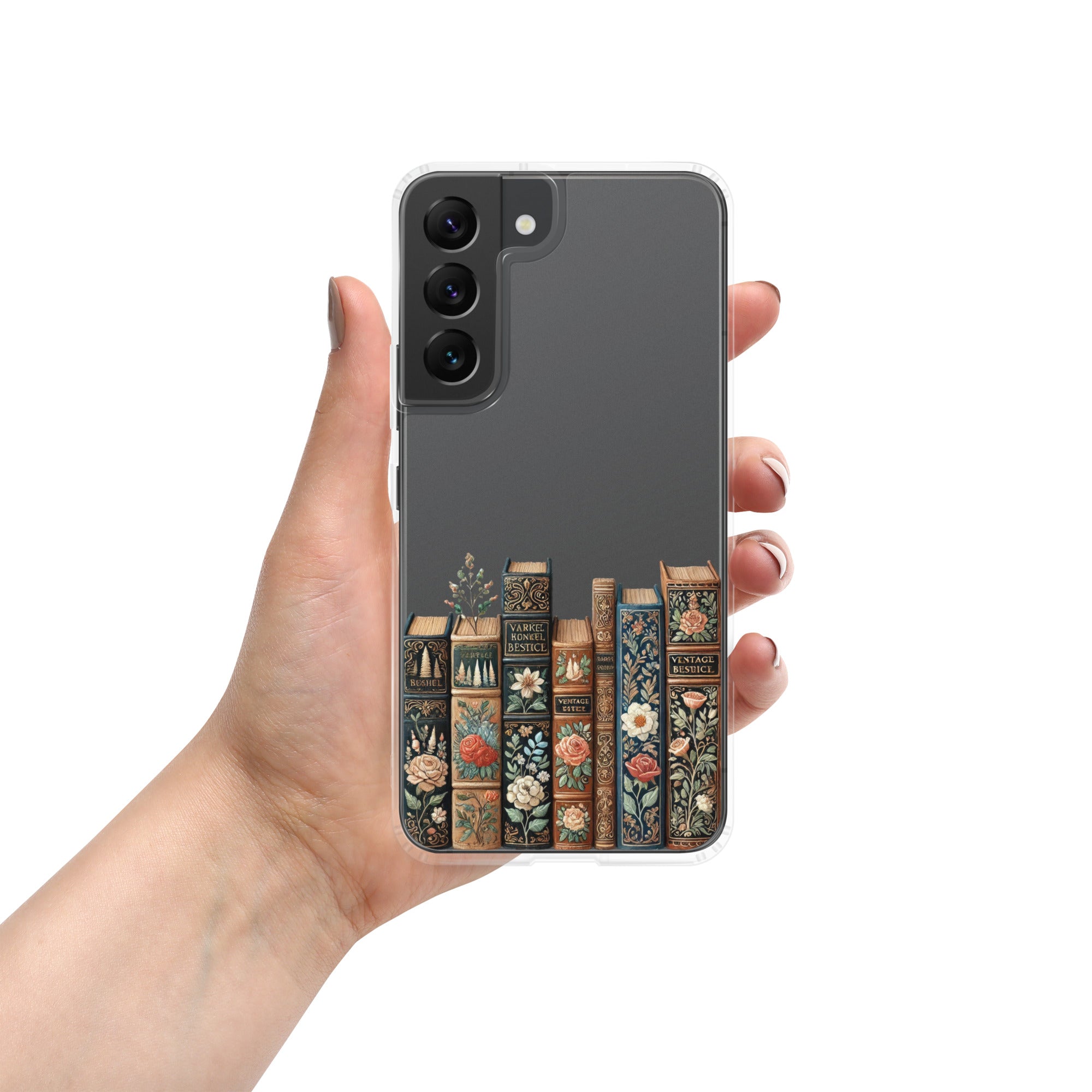 Vintage Floral Books Clear Case for Samsung Galaxy S22 – Elegant Library-Inspired Protective Cover