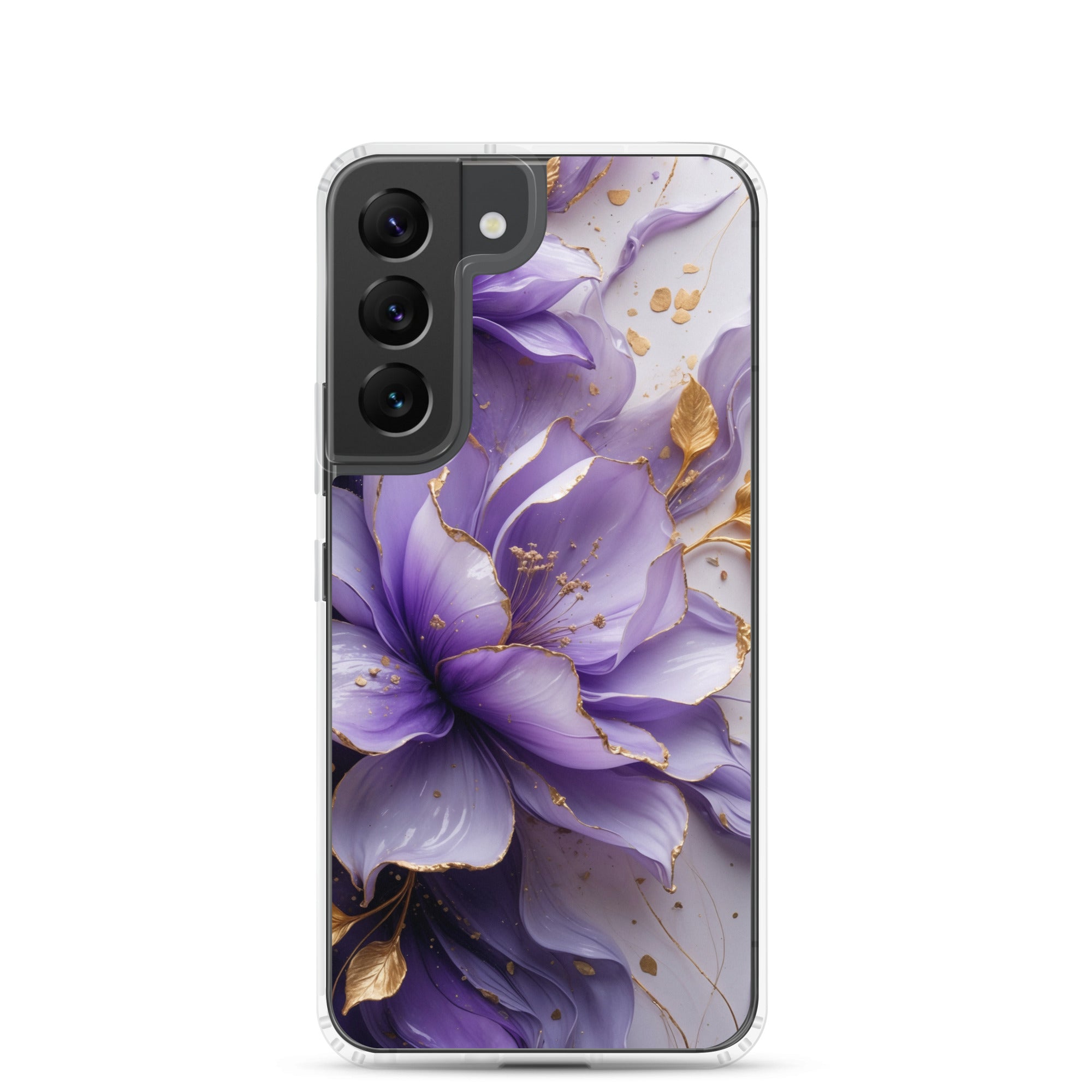 Purple Floral Gold Clear Case for Samsung Galaxy S22 – Elegant Flower Protective Cover