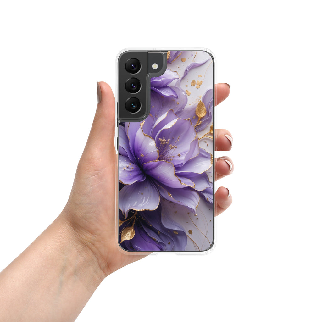 Purple Floral Gold Clear Case for Samsung Galaxy S22 – Elegant Flower Protective Cover